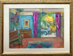 "Interior View into the Patio" Colorful Post-Impressionist Scene Painting Framed