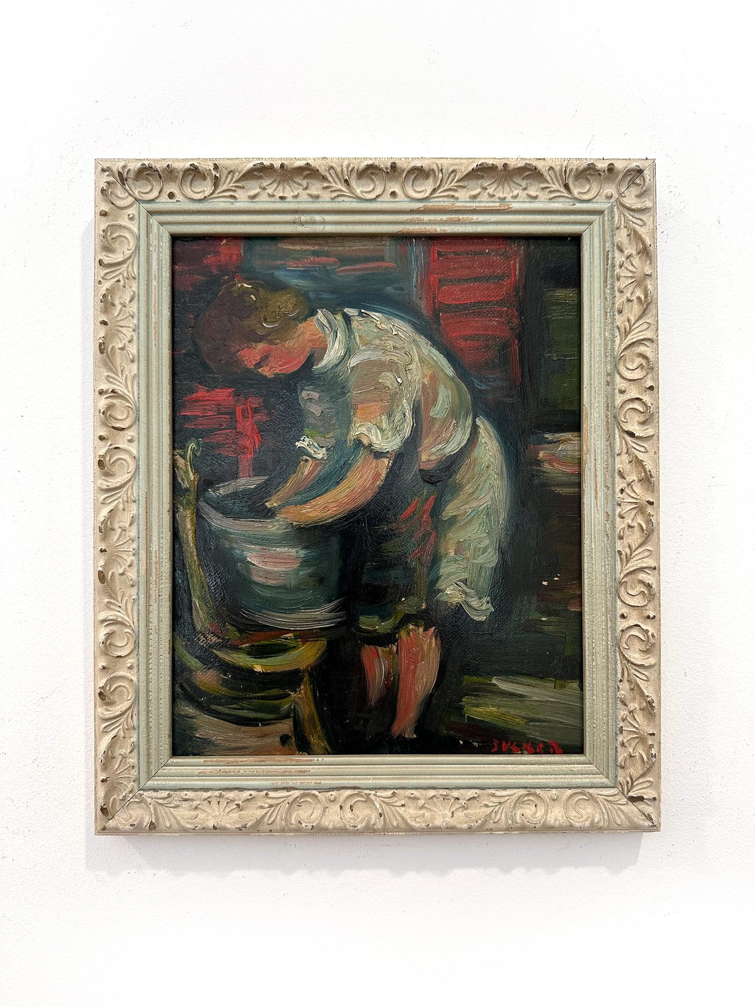 « Laundry », peinture à l'huile post-impressionniste française représentant une scène d'intérieur sur panneau en vente 8