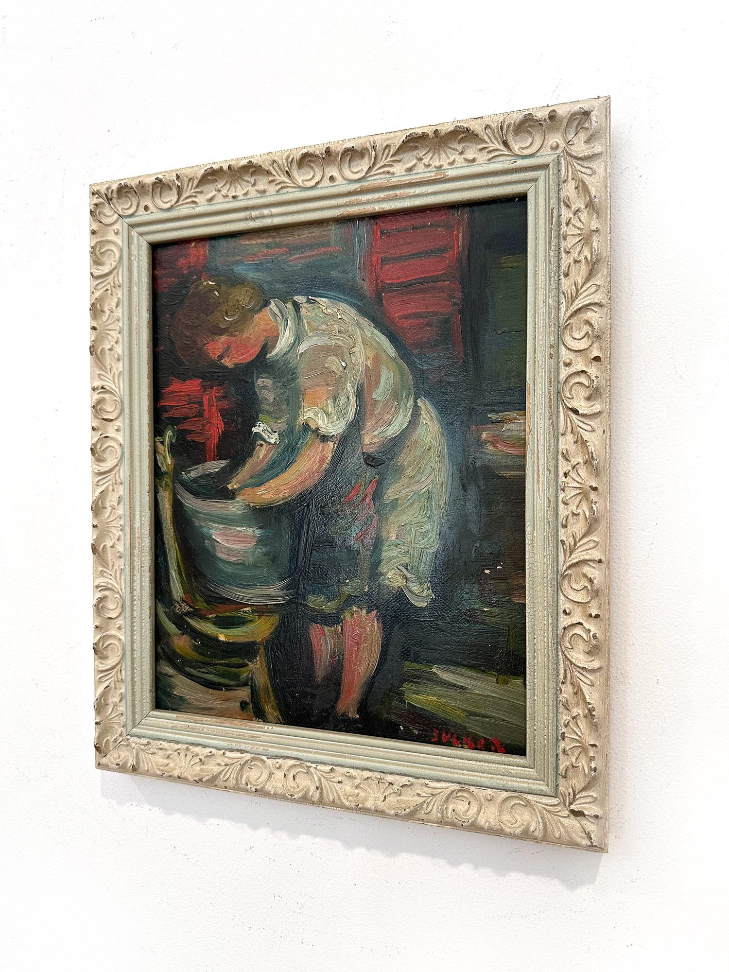 « Laundry », peinture à l'huile post-impressionniste française représentant une scène d'intérieur sur panneau en vente 9