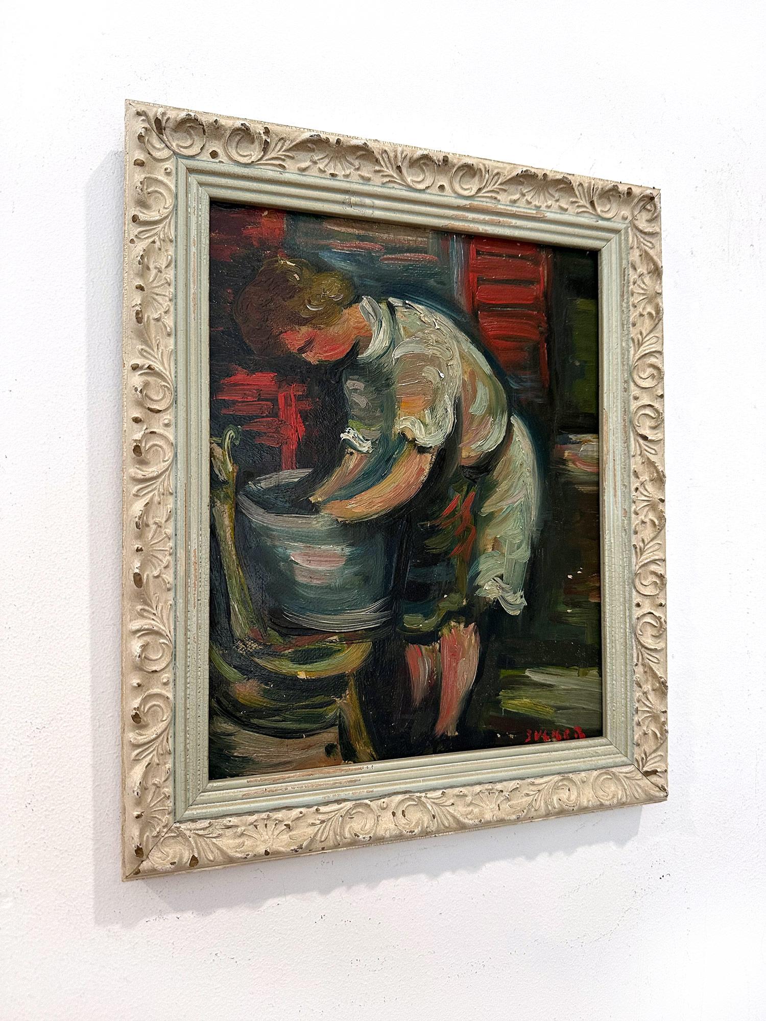 « Laundry », peinture à l'huile post-impressionniste française représentant une scène d'intérieur sur panneau en vente 10