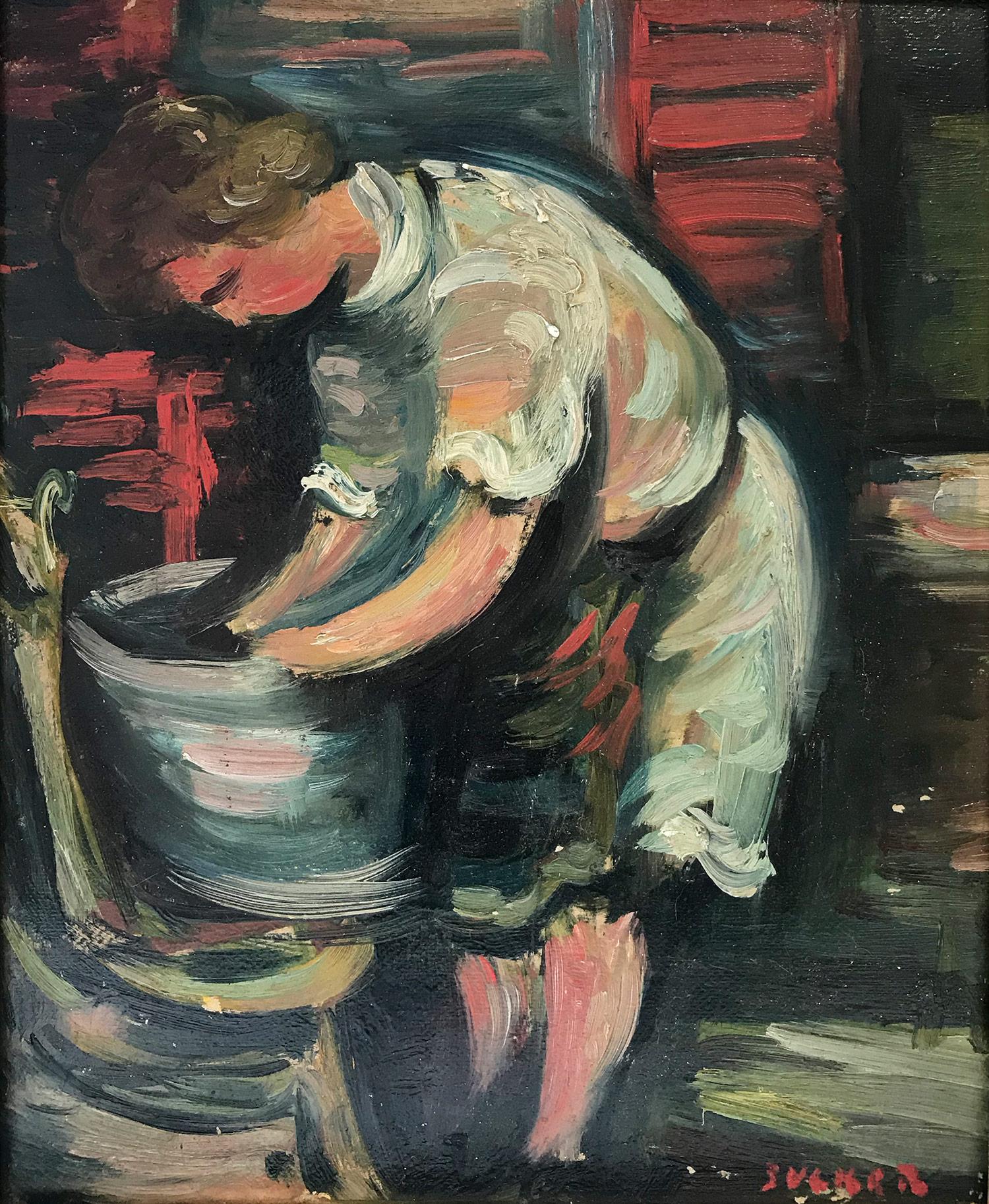 „Laundry“ Postimpressionistisches französisches Ölgemälde, Interieurszene, Figur auf Karton, Postimpressionismus – Painting von Jacques Zucker