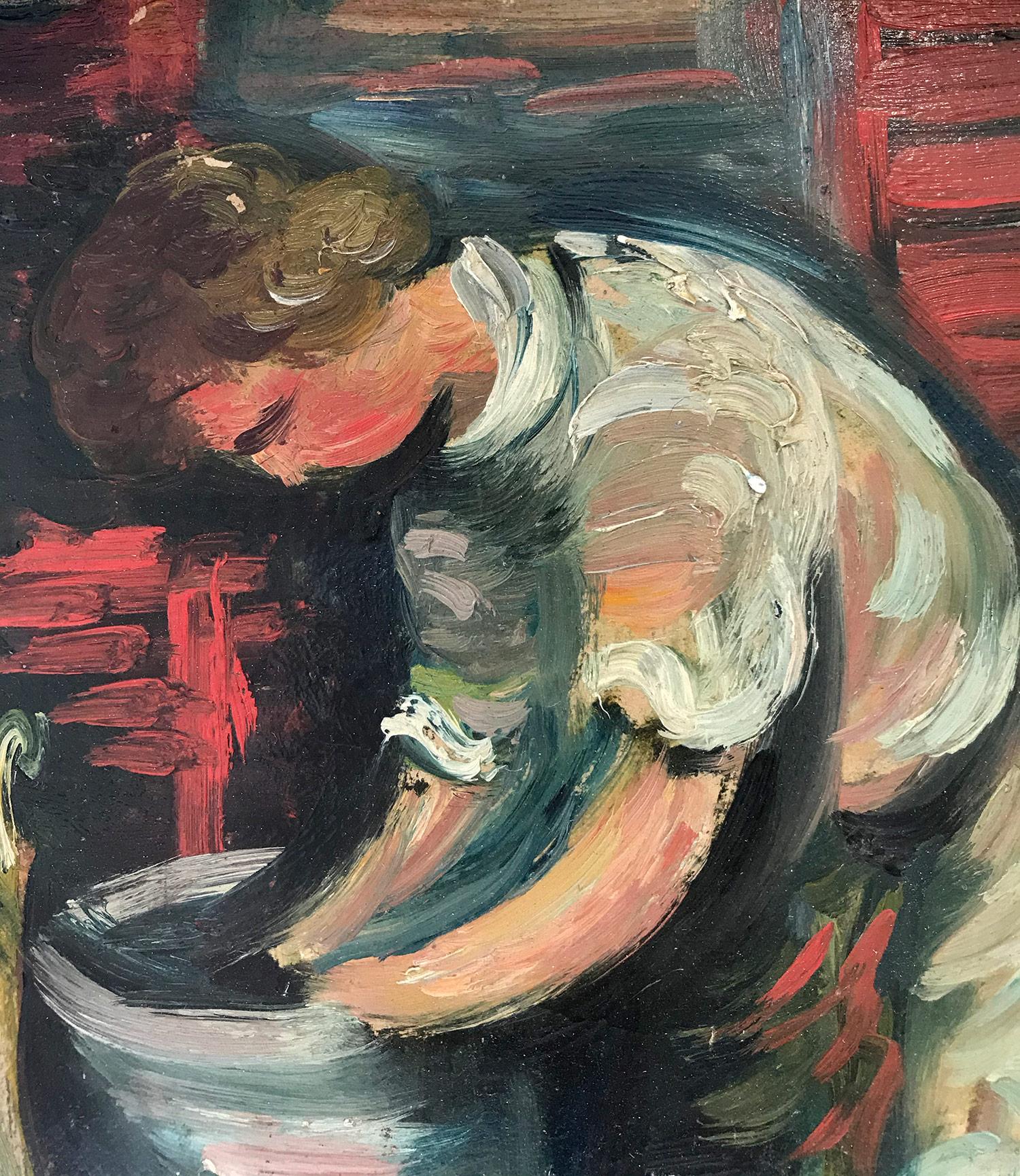 Cette peinture représente un portrait fantaisiste d'une jeune femme lavant son linge devant une maison. Cette pièce a probablement été exécutée dans les années 1930, car les couleurs sont plus sombres que celles des œuvres ultérieures de Zucker.