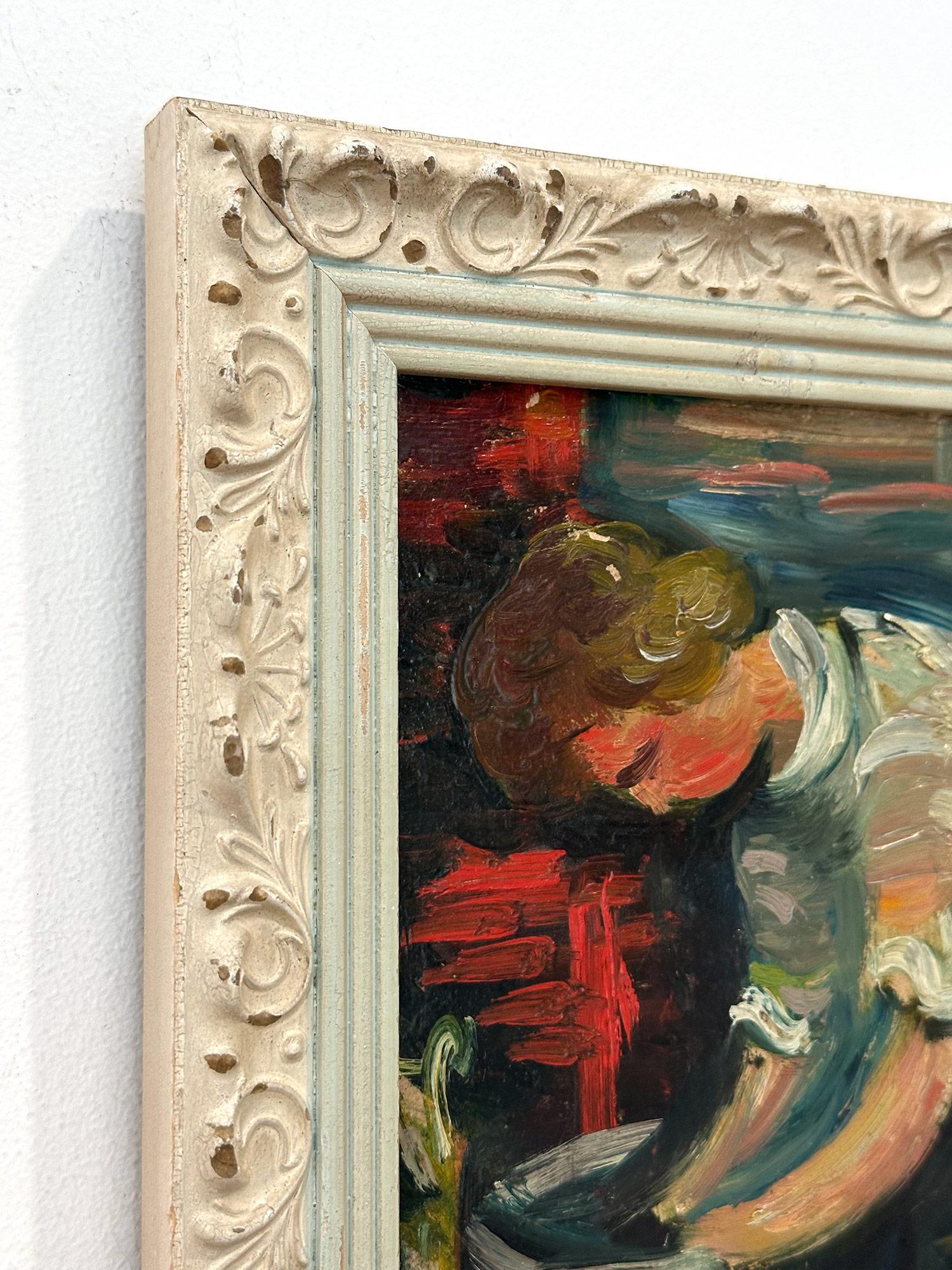 « Laundry », peinture à l'huile post-impressionniste française représentant une scène d'intérieur sur panneau en vente 4