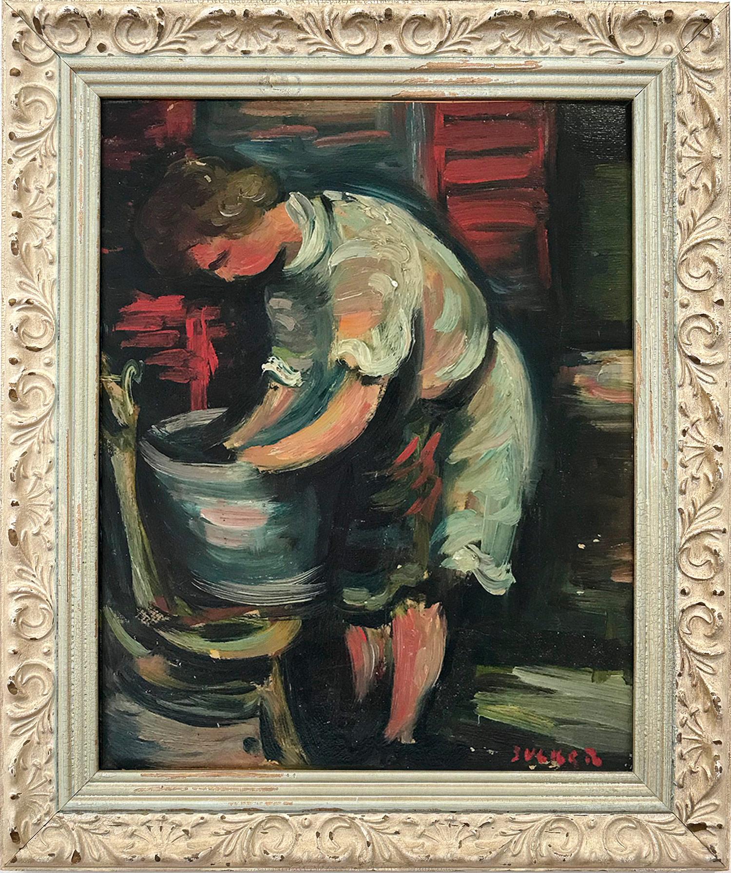 Jacques Zucker Interior Painting – „Laundry“ Postimpressionistisches französisches Ölgemälde, Interieurszene, Figur auf Karton, Postimpressionismus