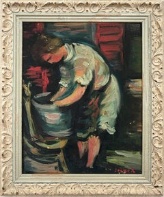 „Laundry“ Postimpressionistisches französisches Ölgemälde, Interieurszene, Figur auf Karton, Postimpressionismus