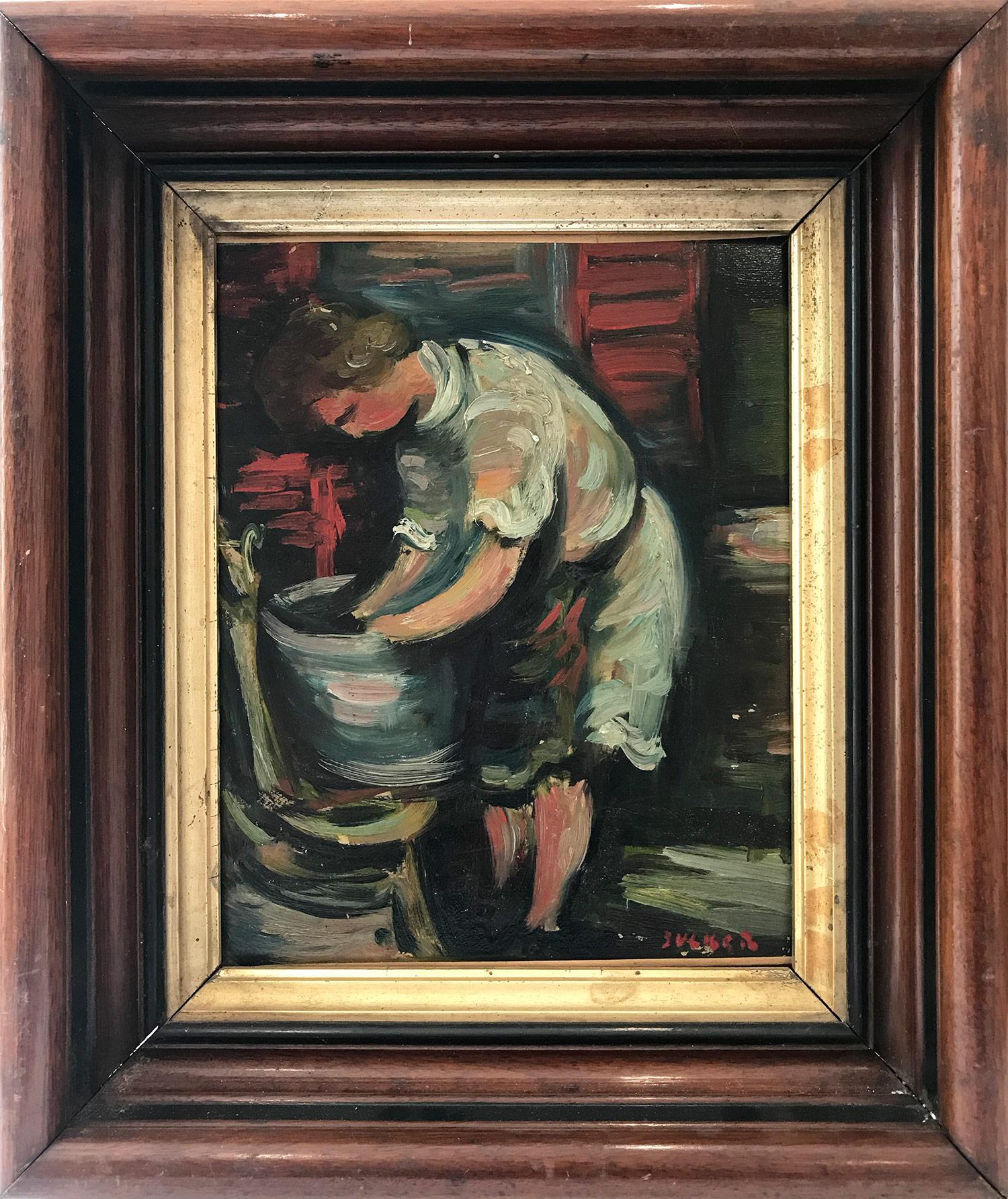 "Laundry" Post-Impressionism French Oil Painting on Canvas of Figure and Laundry