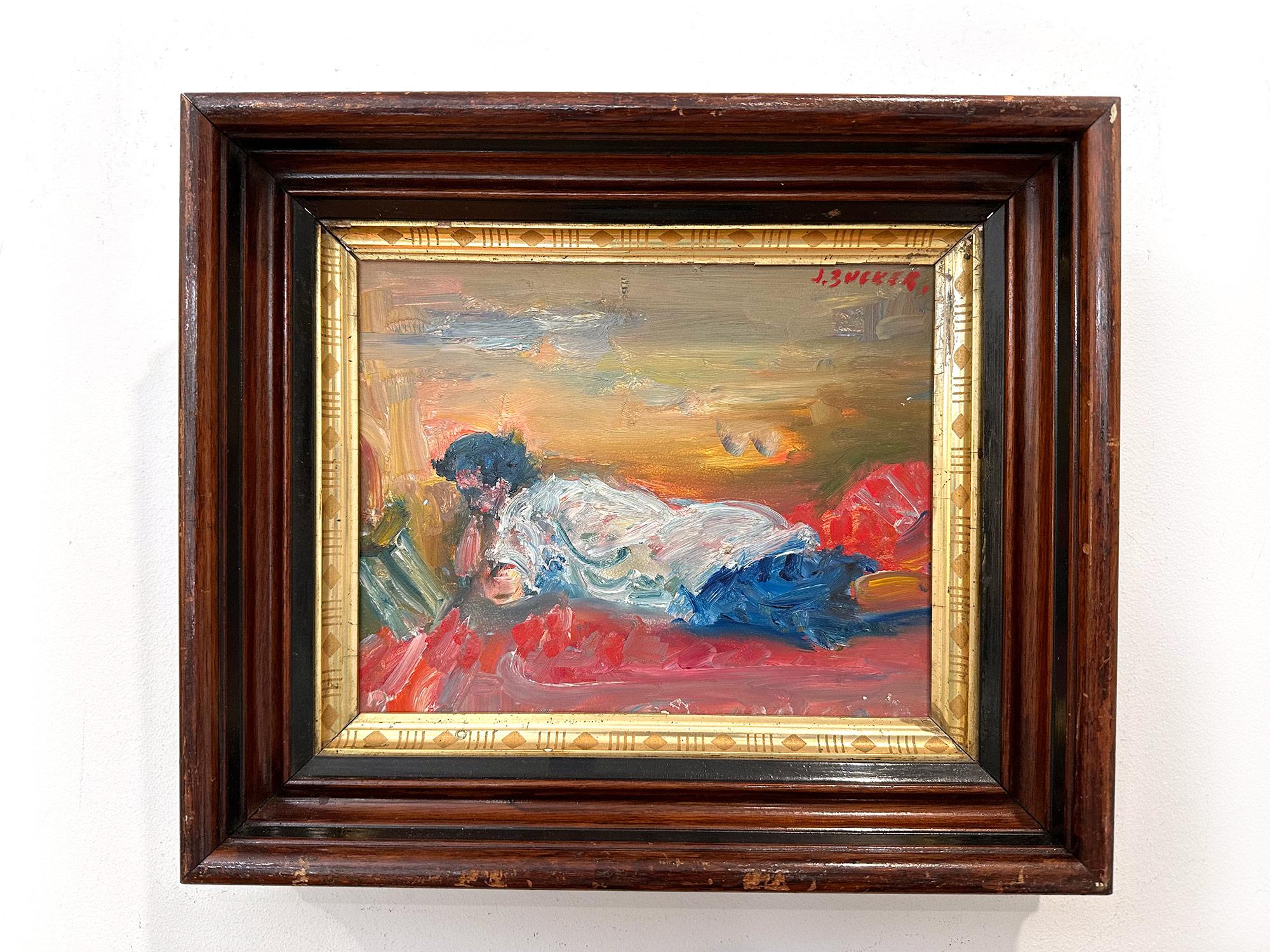 « Reading Figure Reading », peinture à l'huile colorée post-impressionniste sur panneau encadrée en vente 5