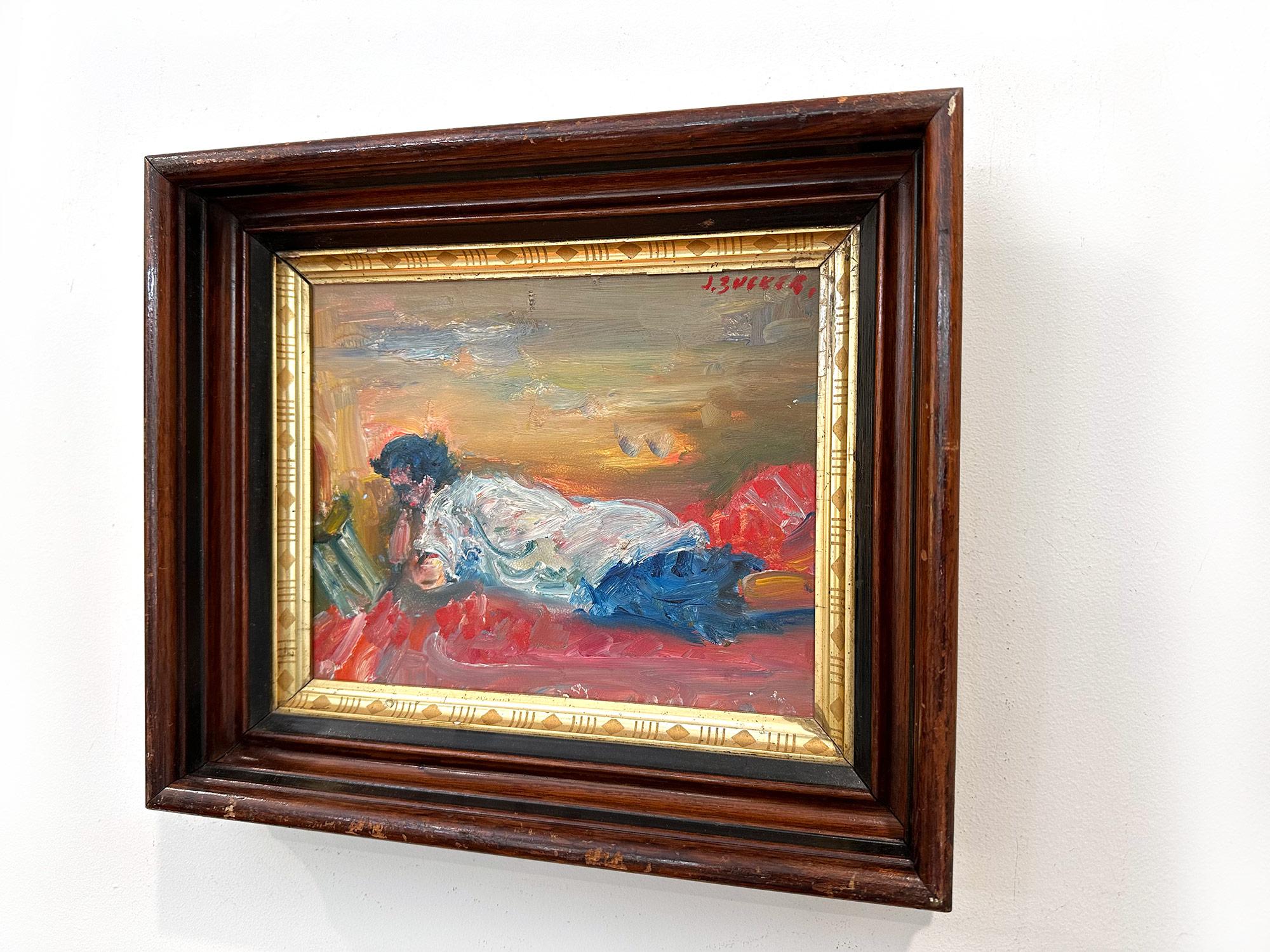 « Reading Figure Reading », peinture à l'huile colorée post-impressionniste sur panneau encadrée en vente 6