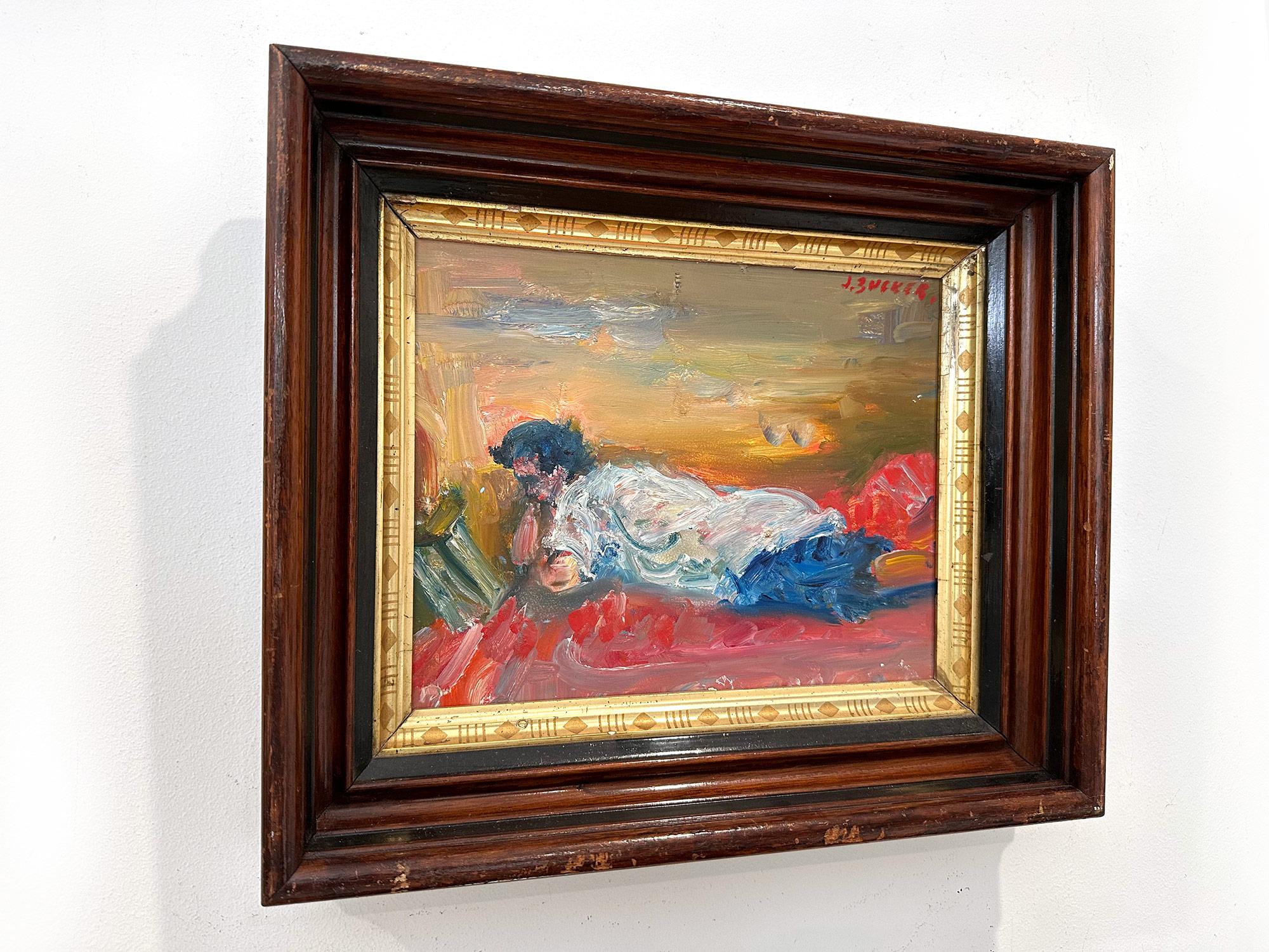 « Reading Figure Reading », peinture à l'huile colorée post-impressionniste sur panneau encadrée en vente 7