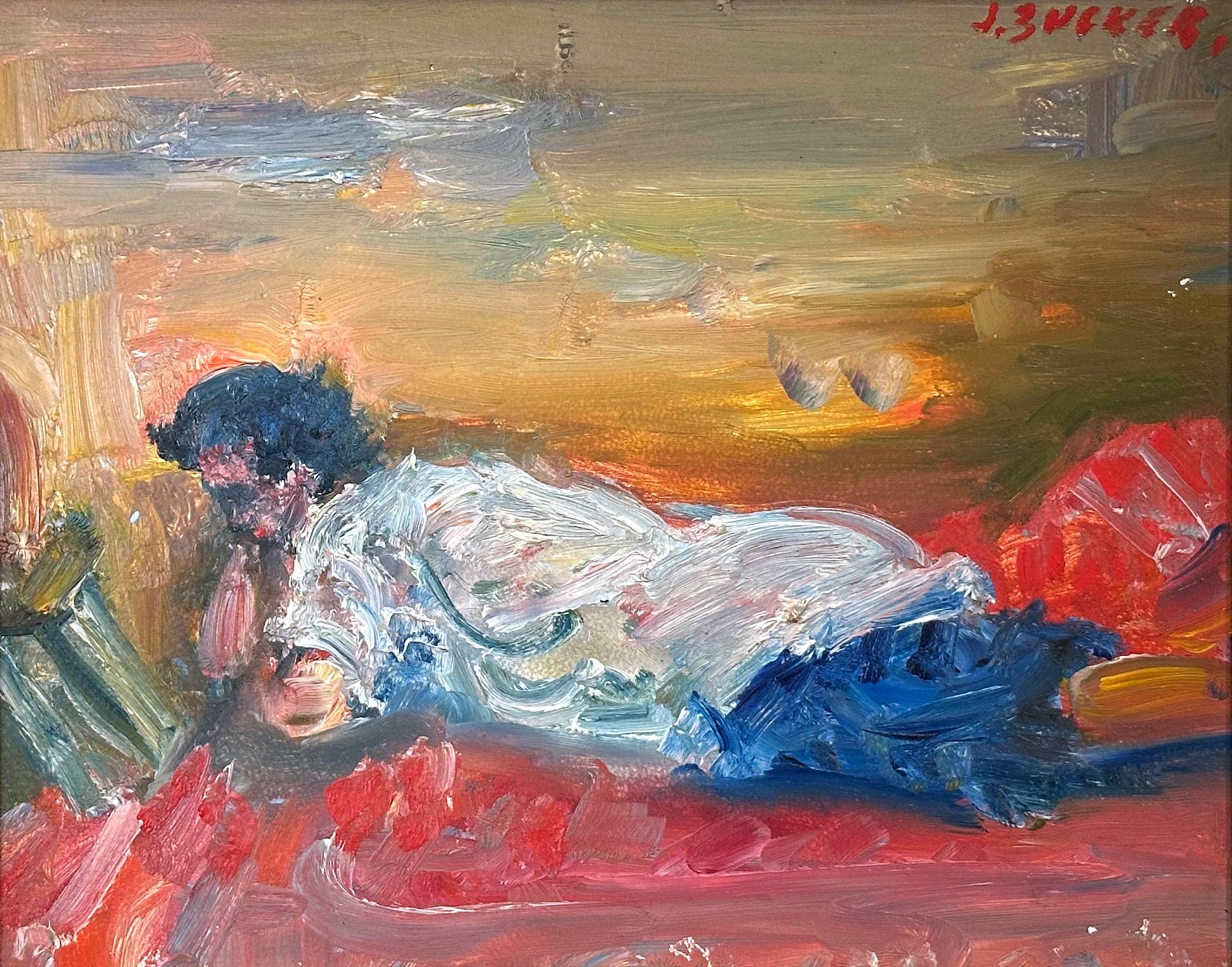 This painting depicts a whimsical scene of a figure reclining and reading. The figure is done in a quick way, where the scene almost is abstracted. The bright colors and quick brush strokes are what makes this painting so attractive and desirable.