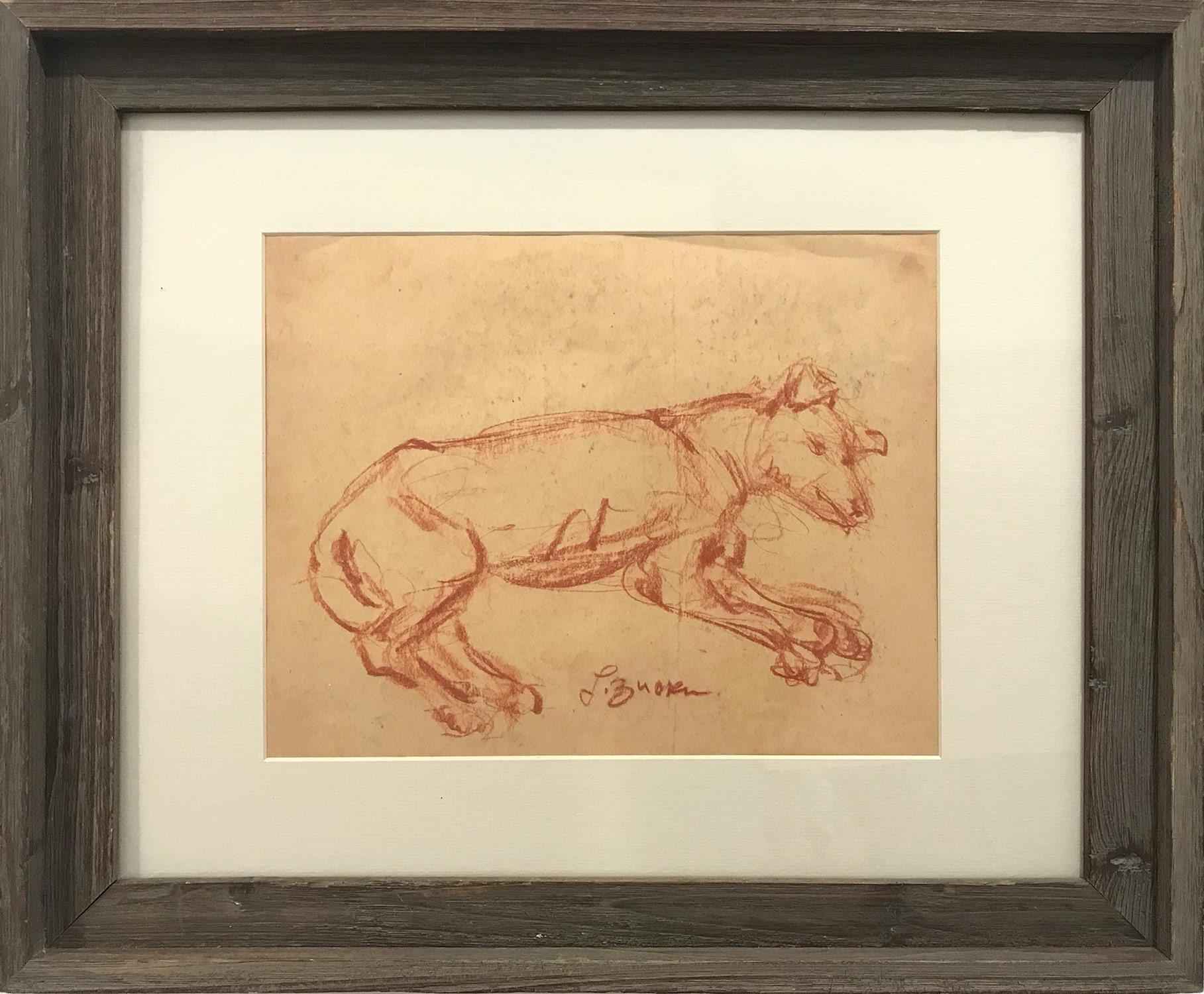 Jacques Zucker Animal Painting - "Man’s Best Friend" Post-Impressionism French Sepia Chalk Painting on paper
