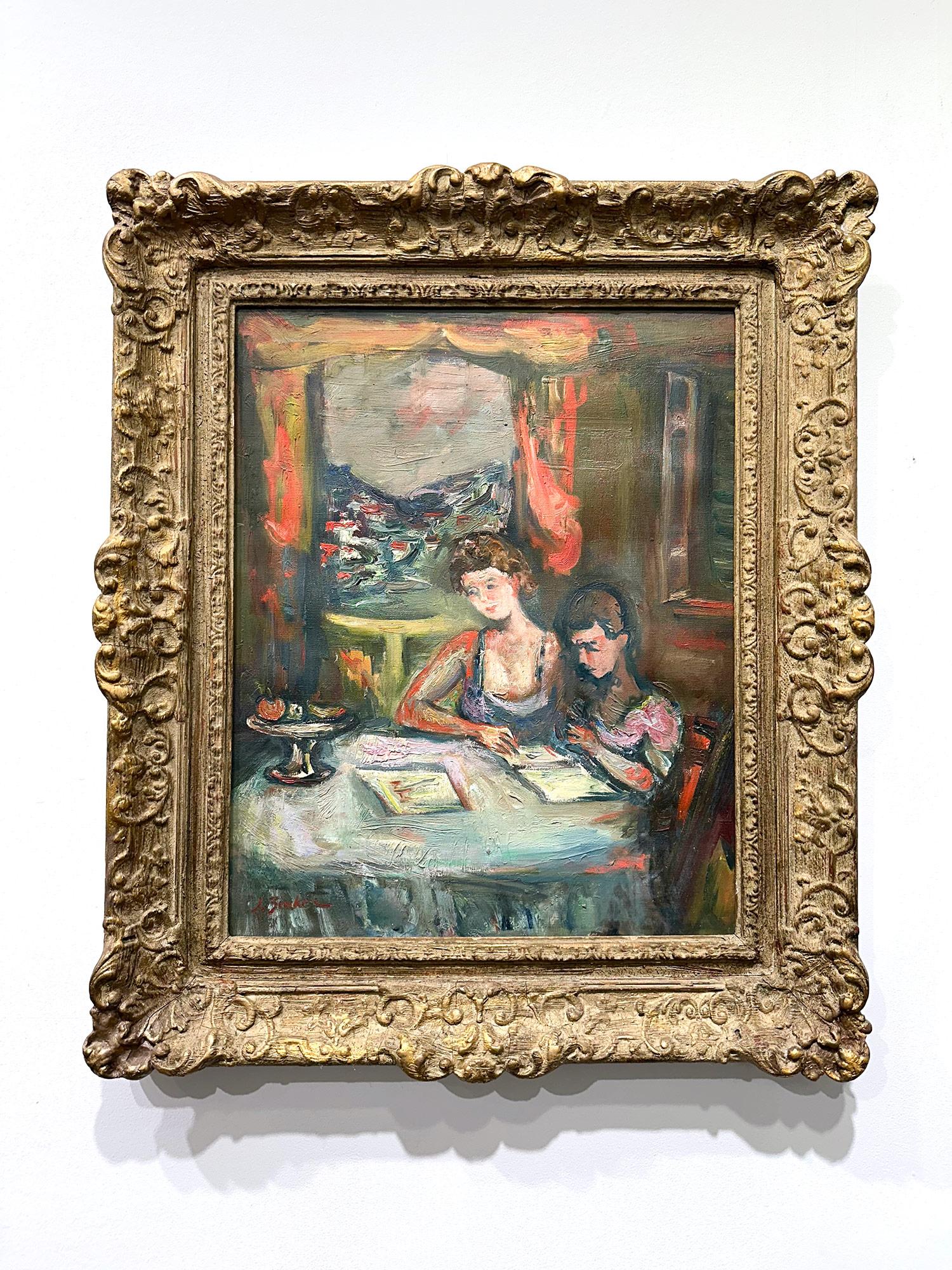 « Mère et enfant », peinture à l'huile sur toile encadrée d'une scène d'intérieur post-impressionniste en vente 11