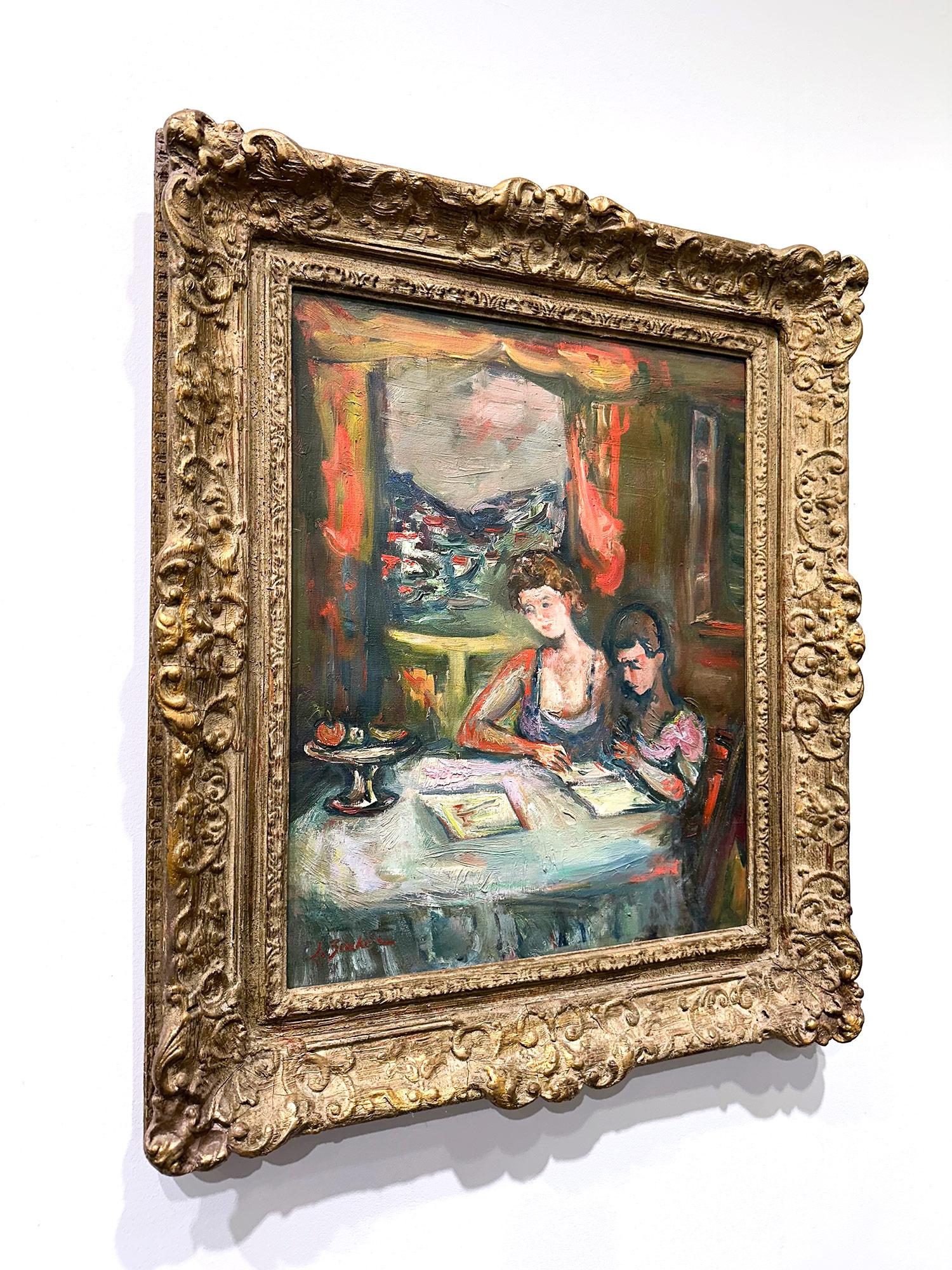 « Mère et enfant », peinture à l'huile sur toile encadrée d'une scène d'intérieur post-impressionniste en vente 13
