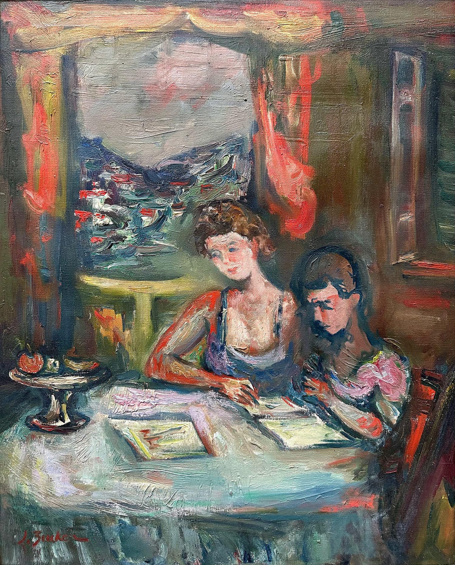 A charming oil painting depicting an interior scene of a mother and child reading together while sitting on a table round table with a mantel, and a window on the background with the view of the town. Done in a highly impressionistic manner with