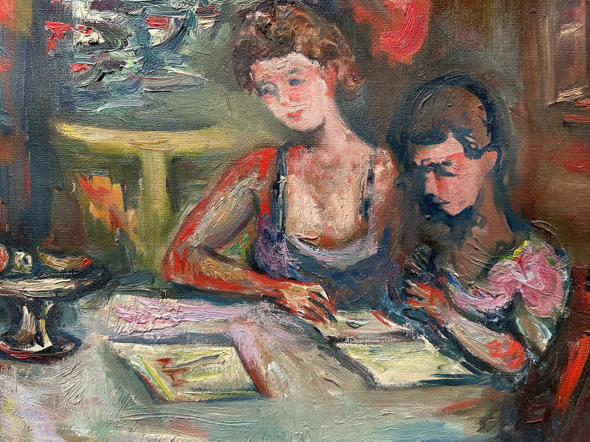 « Mère et enfant », peinture à l'huile sur toile encadrée d'une scène d'intérieur post-impressionniste - Post-impressionnisme Painting par Jacques Zucker