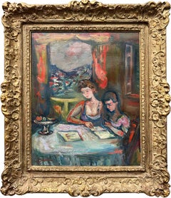 « Mère et enfant », peinture à l'huile sur toile encadrée d'une scène d'intérieur post-impressionniste