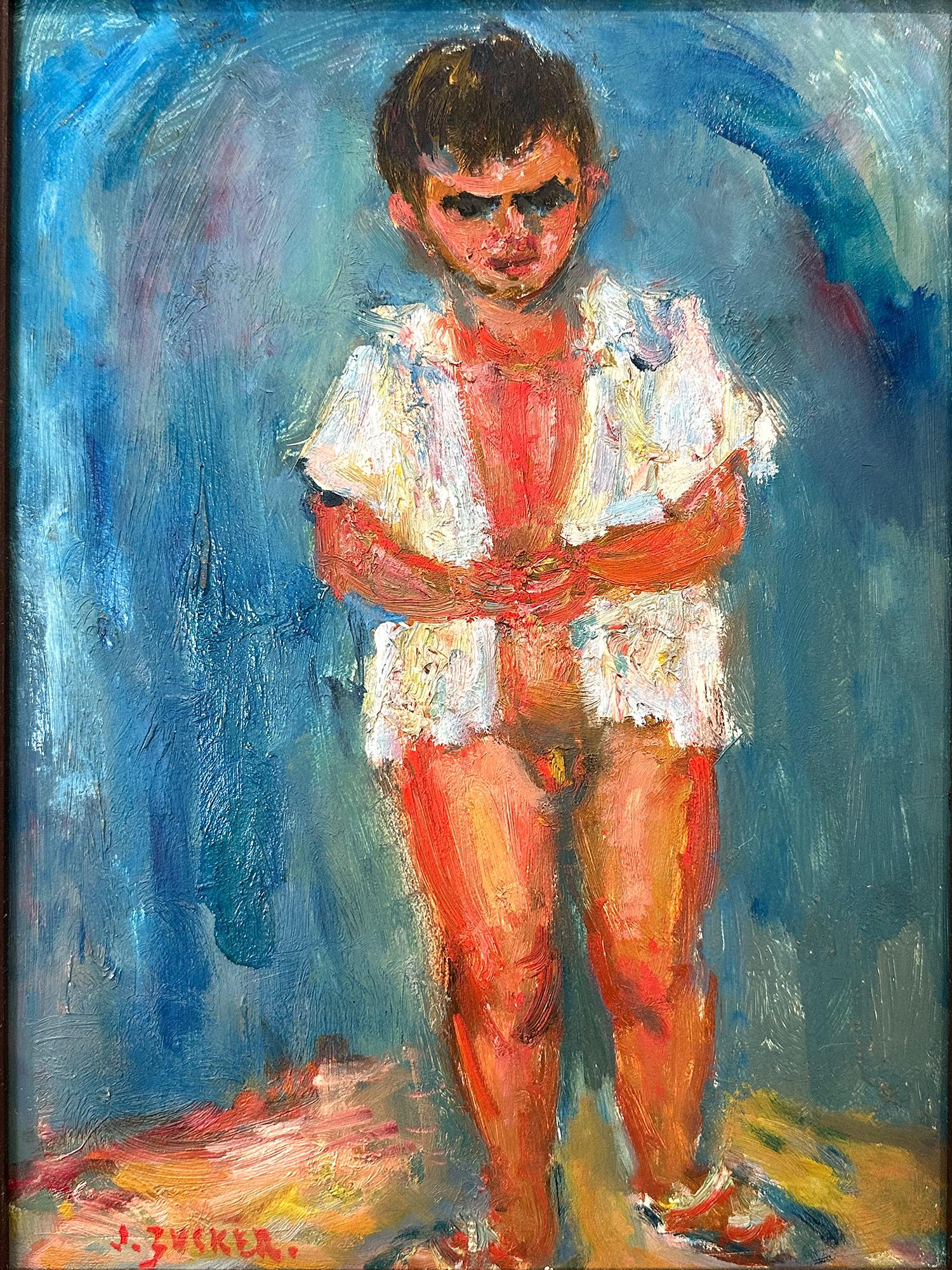 This painting depicts a whimsical scene of a nude boy wearing an open shirt and sandals. The bright colors and quick brush strokes are what makes this painting so attractive and desirable. The piece is done in a highly impressionistic manner and is