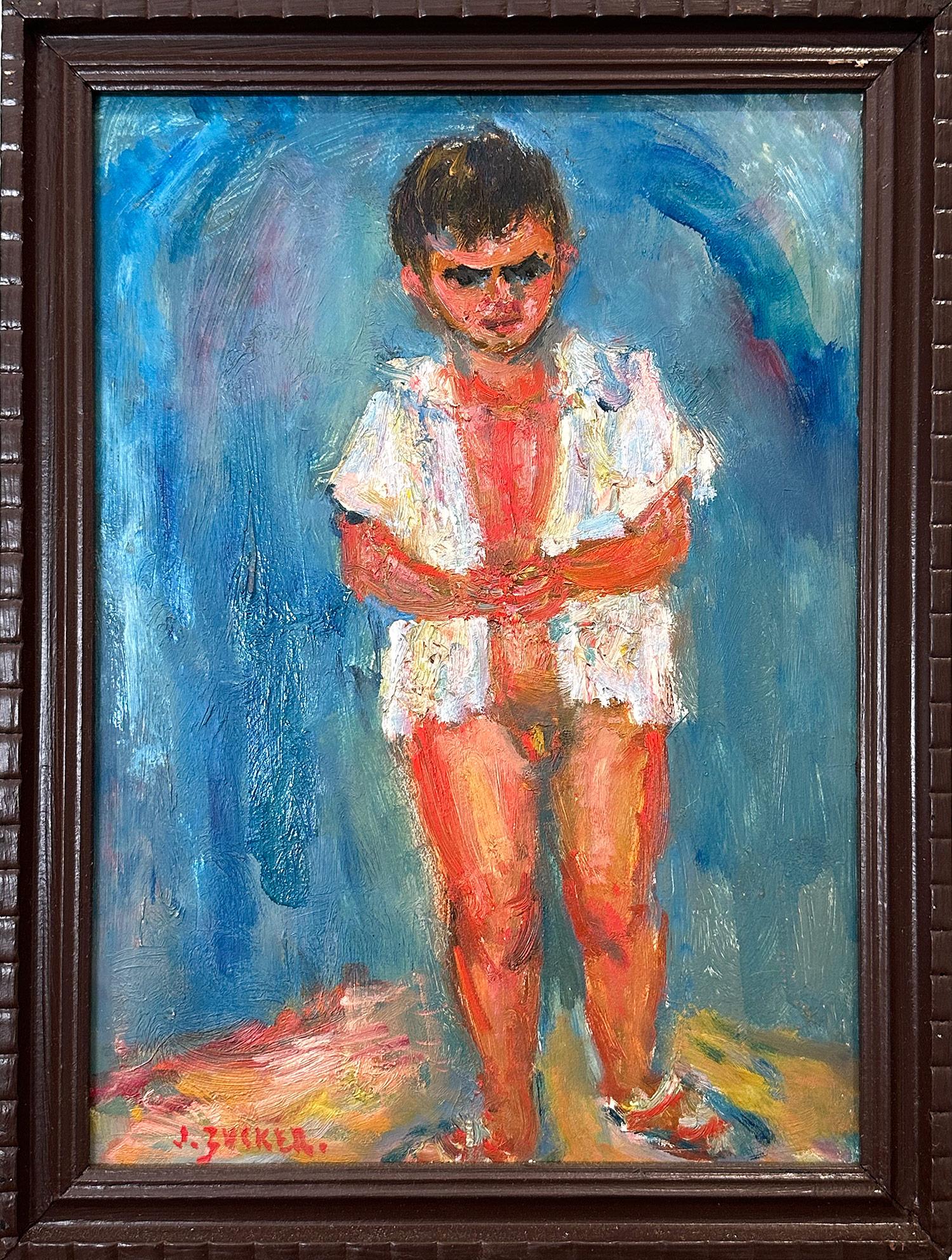Jacques Zucker Figurative Painting - "Nude Boy with Open Shirt" French Blue Post-Impressionist Oil Painting Framed