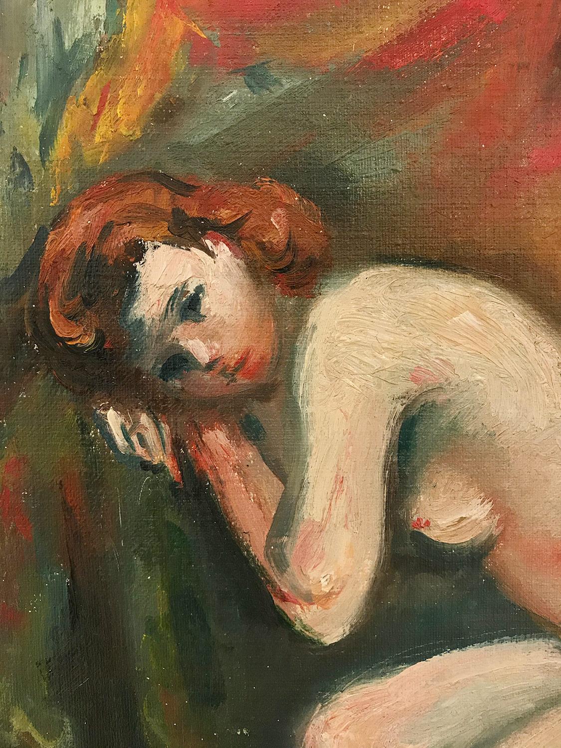 An outstanding oil painting depicting a nude portrait reclined in the artist studio. The subtle tones and bright pops of colors are what makes this piece so attractive and desirable. Done in a highly impressionistic manner with unique colors and