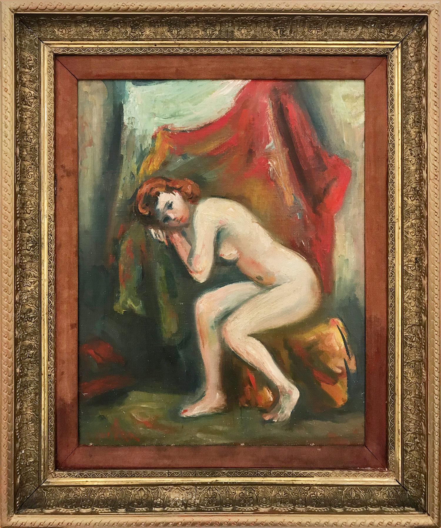 Jacques Zucker Interior Painting - "Reclining Nude" Impressionist Portrait of Nude Woman Oil Painting on Canvas