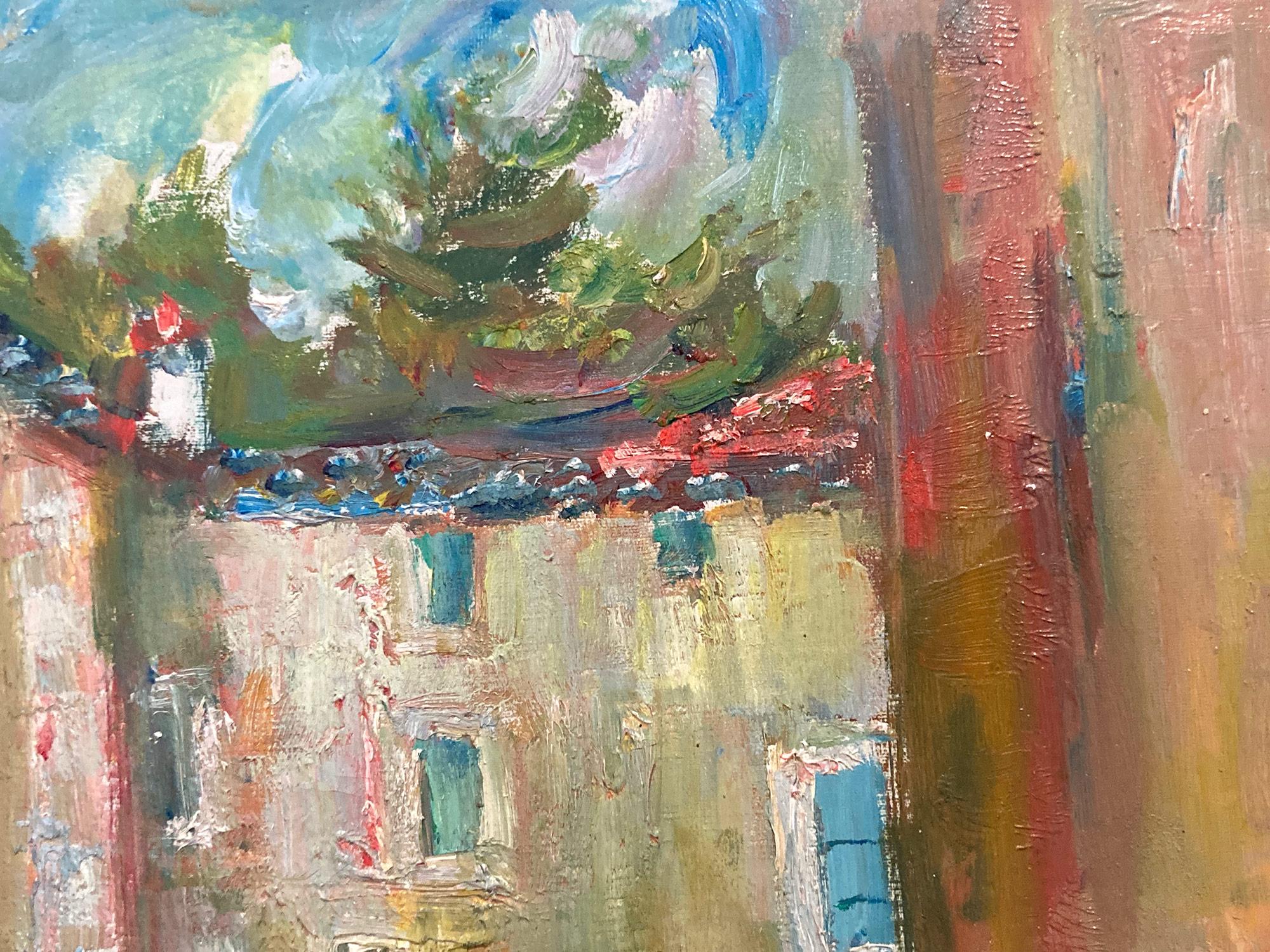 Questo dipinto raffigura una scena di paesaggio di una città con figure sulla tromba delle scale. La prospettiva attraente è ciò che rende questo dipinto così interessante e desiderabile; c'è una scala a sinistra con dei pedoni. E i muri delle case