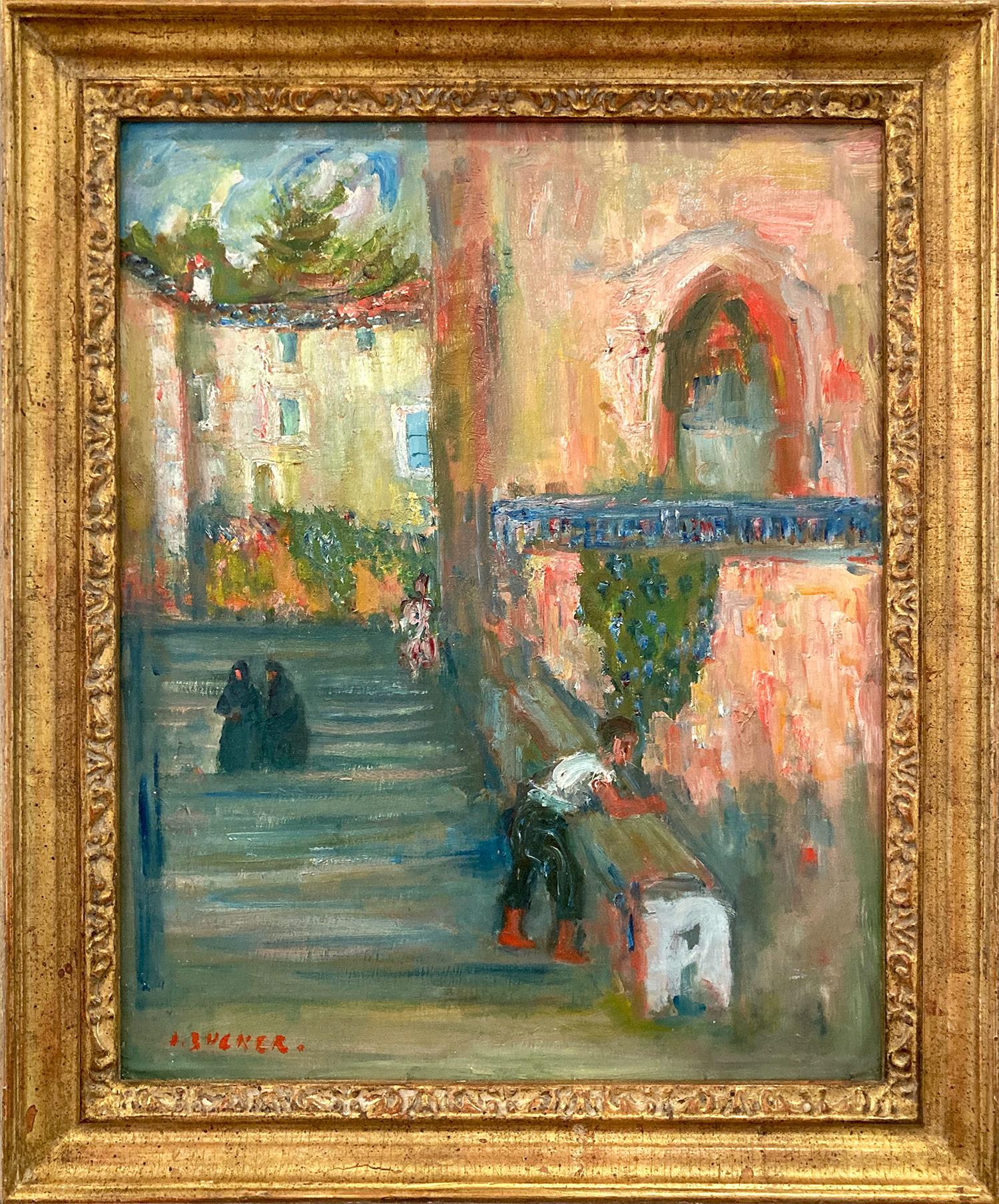 Jacques Zucker Figurative Painting - "On the Stairwell" Impressionist French Street Scene Oil Painting on Canvas