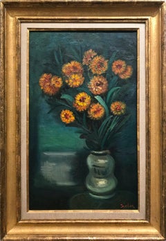 "Orange Flowers with Green Vase" Post-Impressionism Still Life Oil Painting