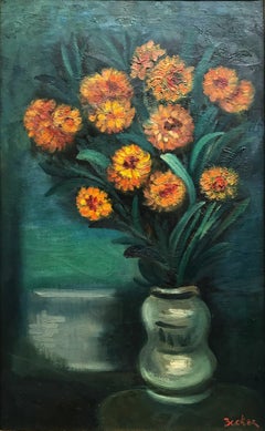 "Orange Flowers with Green Vase" Post-Impressionism Still Life Oil Painting