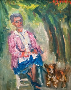 "Outdoor Summer Scene" Figure w Pet Dog Post-Impressionist Oil Painting Framed