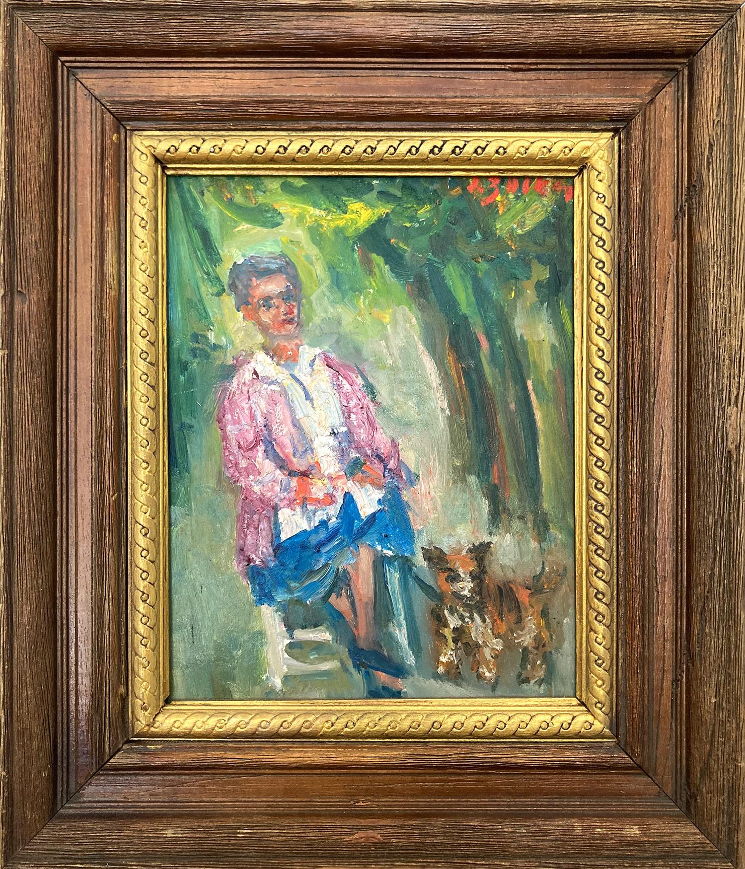 "Escena estival al aire libre" Figura con mascota Perro Pintura al óleo postimpresionista Enmarcada