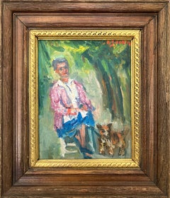 "Scena estiva all'aperto" Figura con cane domestico Pittura a olio post-impressionista con cornice