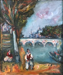 "Parisian Scene by Pont Neuf with Notre Dam" French Impressionist Oil Painting