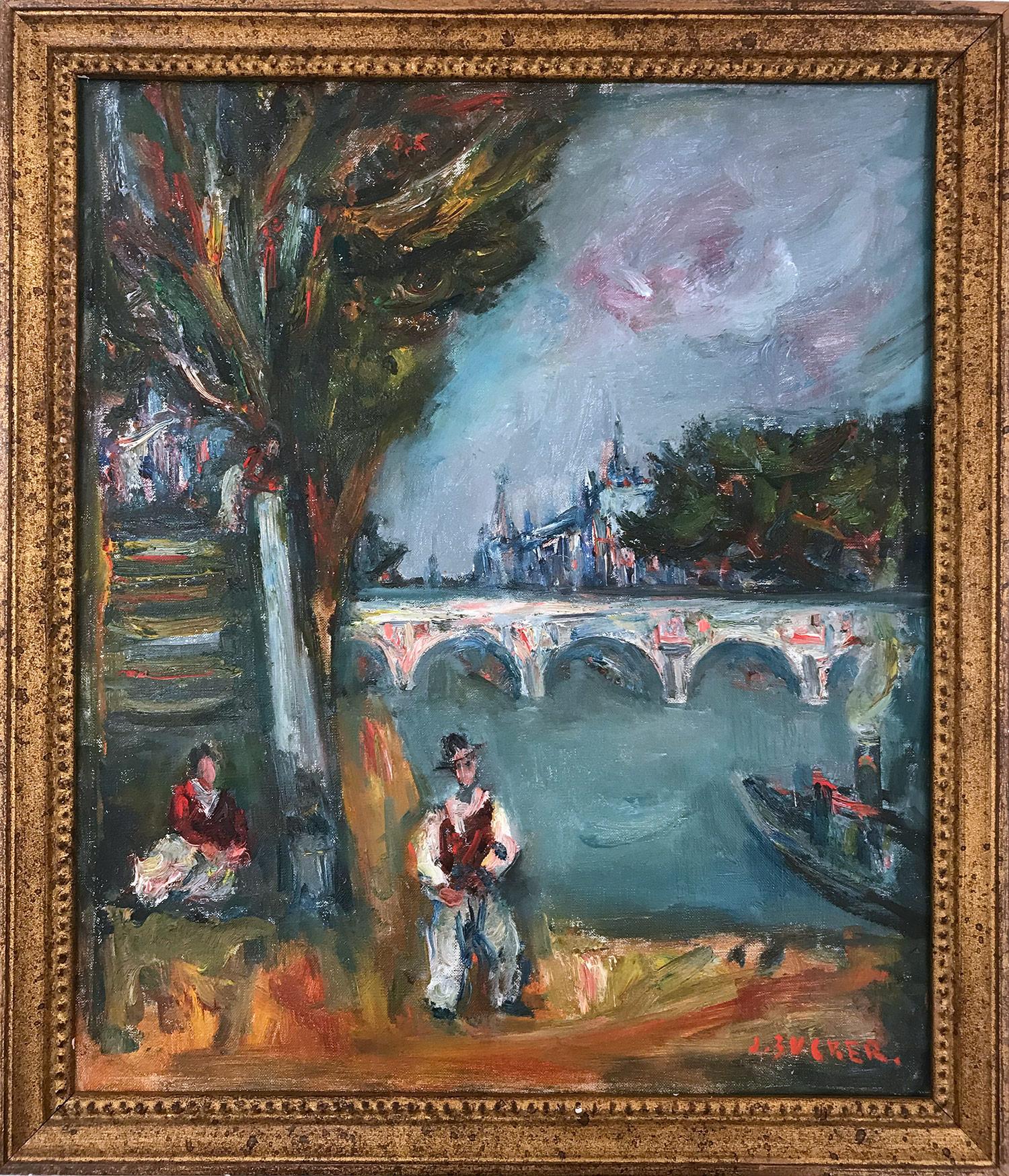 "Parisian Scene by Pont Neuf with Notre Dam" French Impressionist Oil Painting