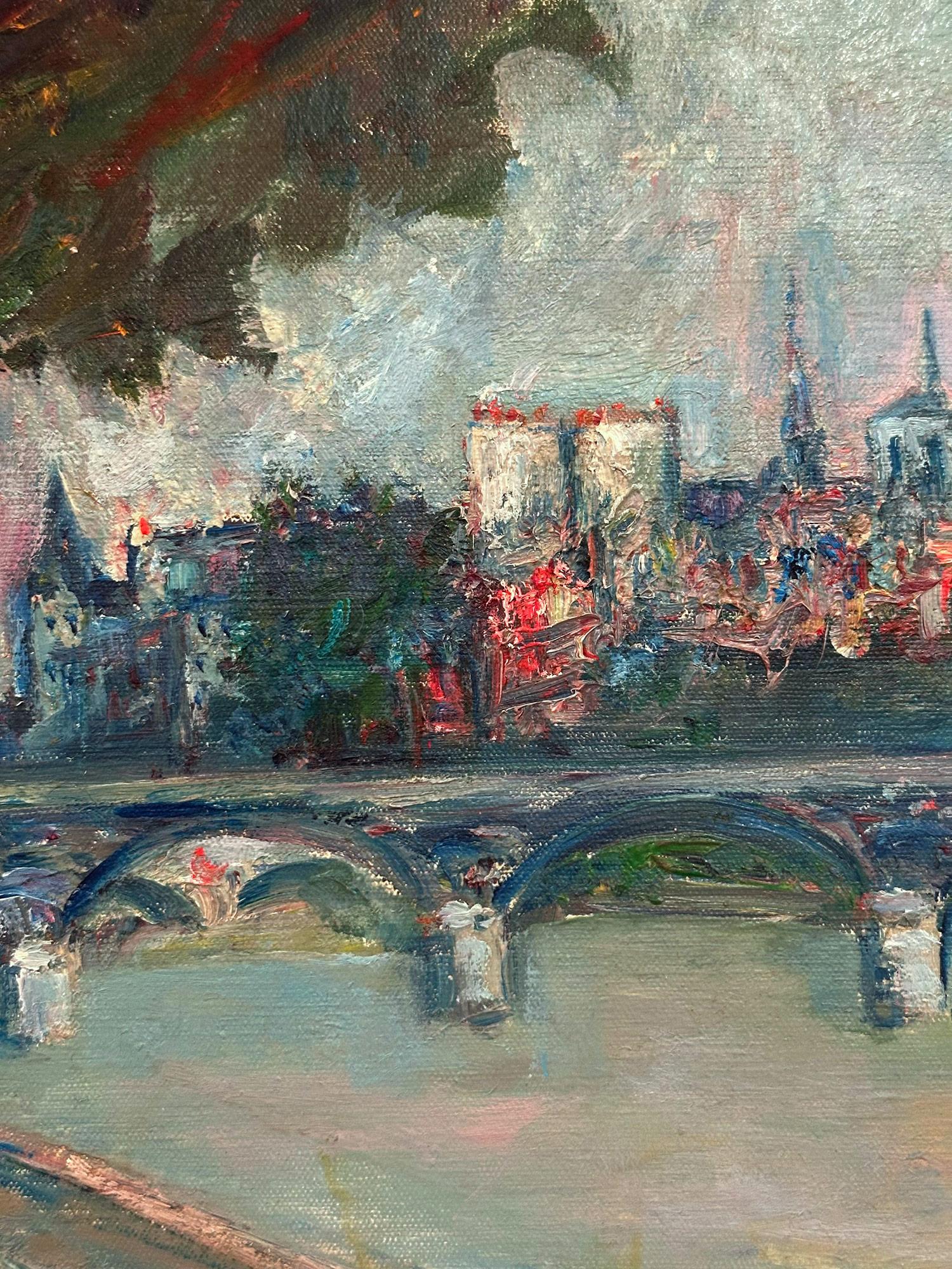This painting depicts a colorful landscape scene by Pont Neuf with Notre Dam in the distance behind the bridge. The attractive perspective is what makes this painting so interesting and desirable with vibrant brush work and thick use of paint. The