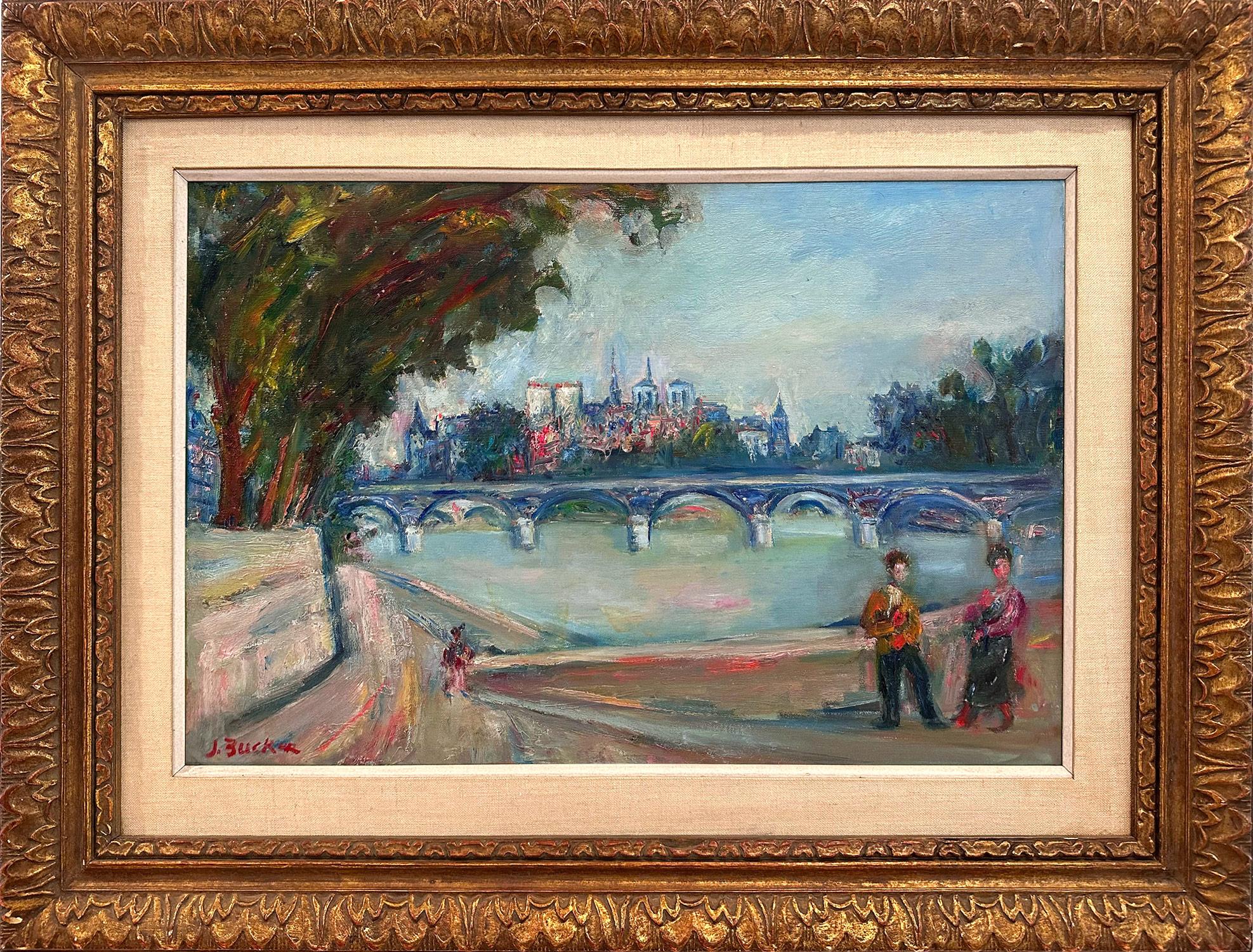 Jacques Zucker Figurative Painting - "Parisian Scene by Pont Neuf & Notre Dam" Post-Impressionist Oil Painting Canvas