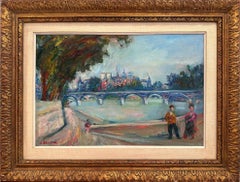 Vintage "Parisian Scene by Pont Neuf & Notre Dam" Post-Impressionist Oil Painting Canvas