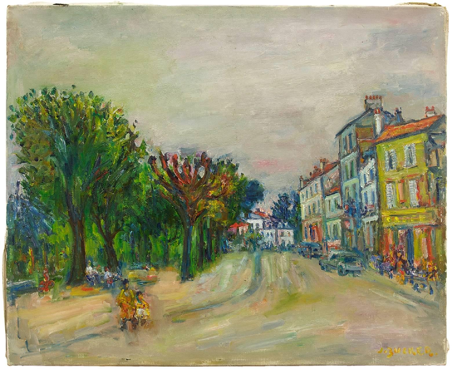 Scena di strada parigina, Olio su tela Ecole D'Paris, WPA, Artista Bezalel - Painting di Jacques Zucker