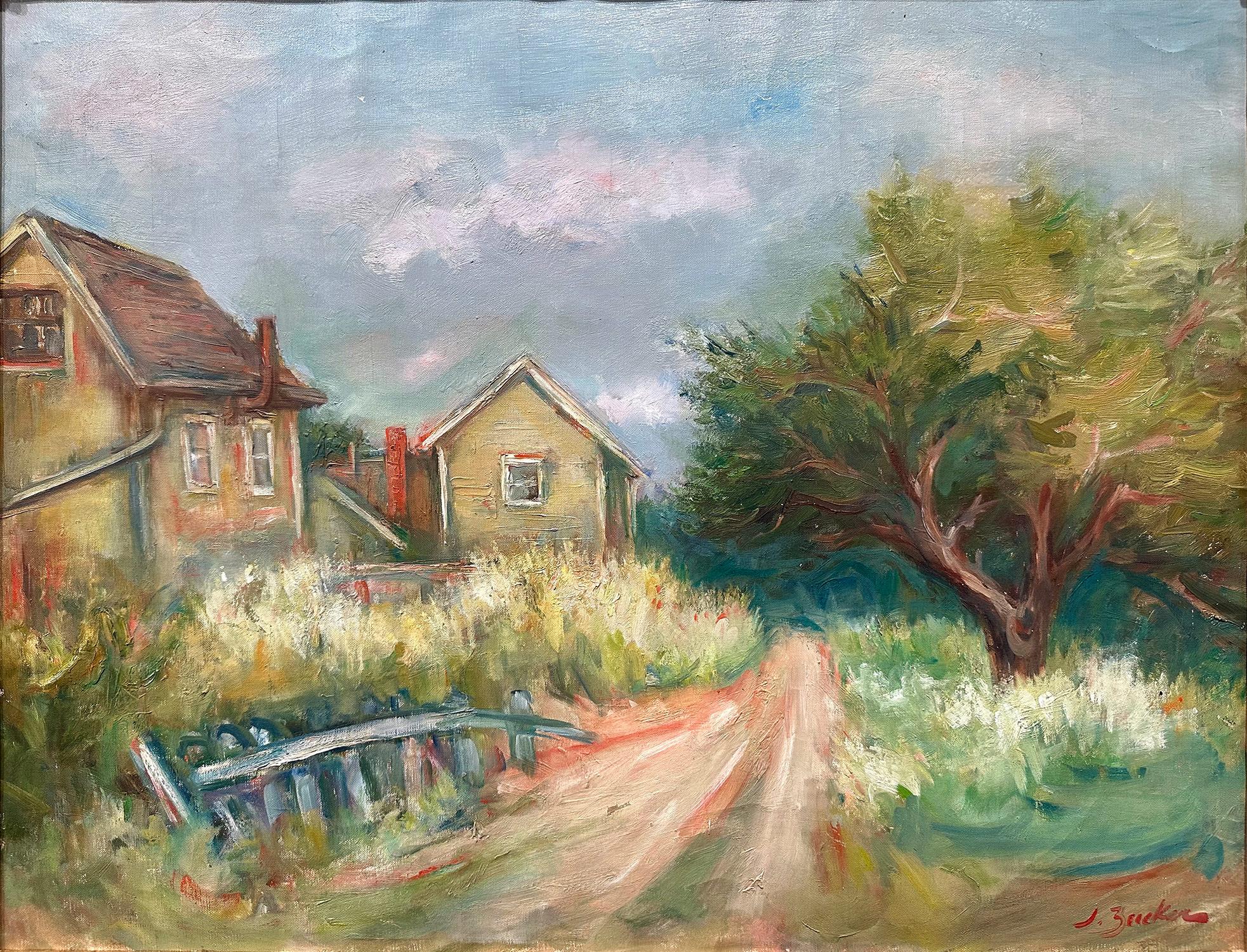 This painting depicts a whimsical landscape of a countryside pathway crossing through the town with the village houses on the left side with a wooden fence next to it, and across a lush tree that encompasses the composition. The bright colors and