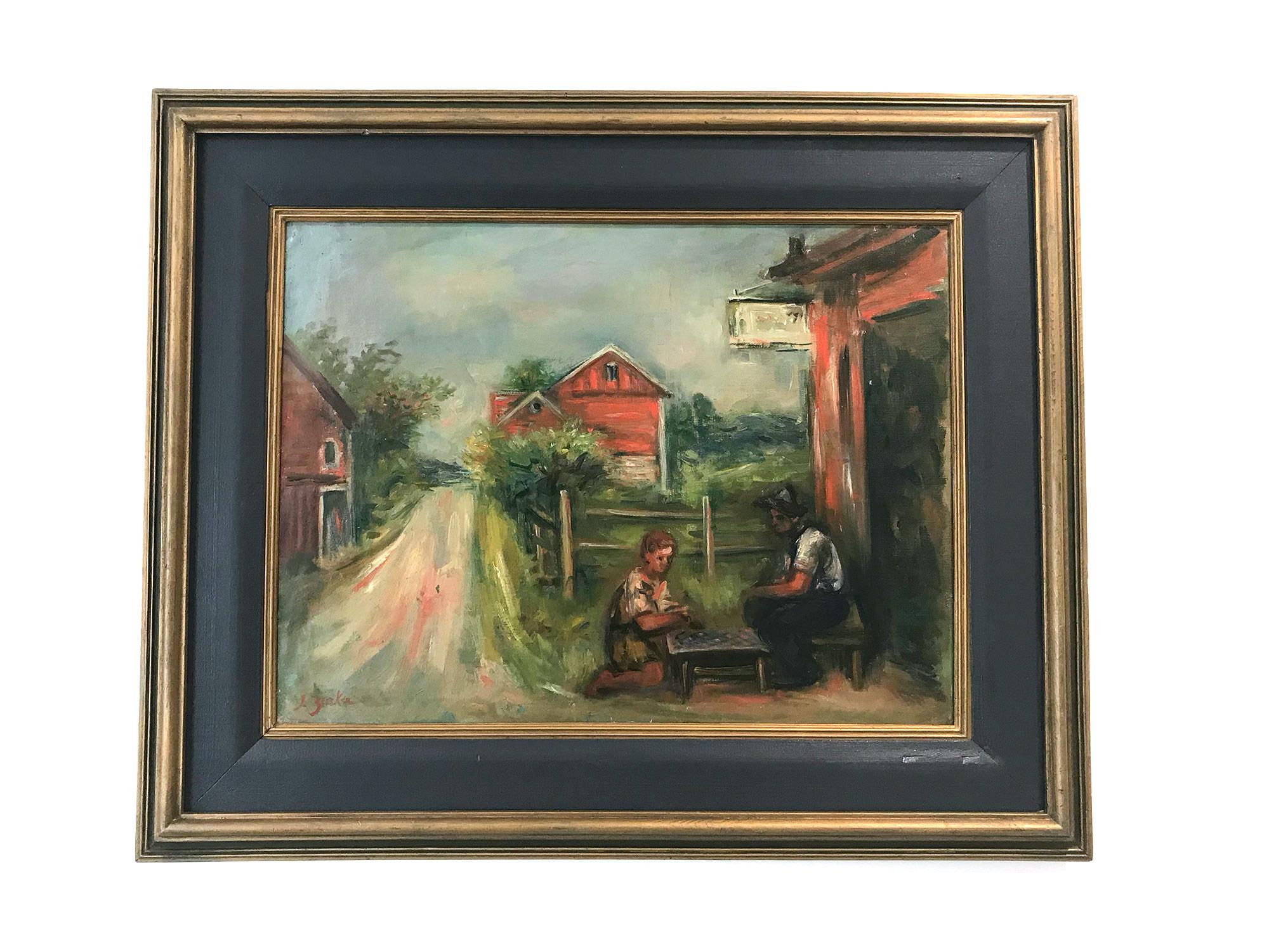 Peinture à l'huile sur panneau post-impressionniste d'un village mexicain « Playing Checkers » en vente 6