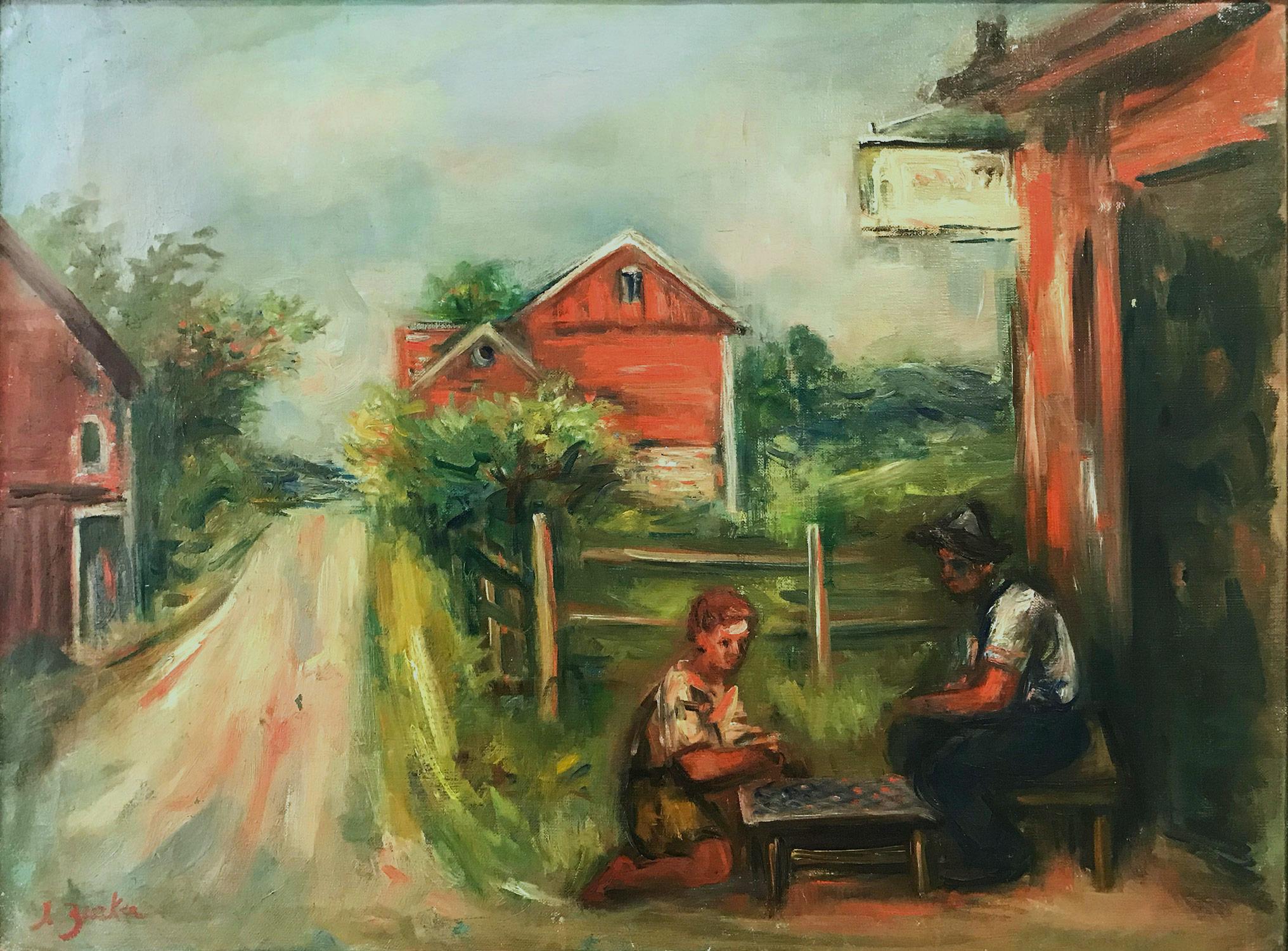 Peinture à l'huile sur panneau post-impressionniste d'un village mexicain « Playing Checkers » - Painting de Jacques Zucker