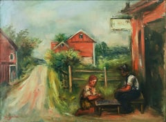 "Playing Checkers" Post-Impressionist of a Mexican Village Oil Painting on Board