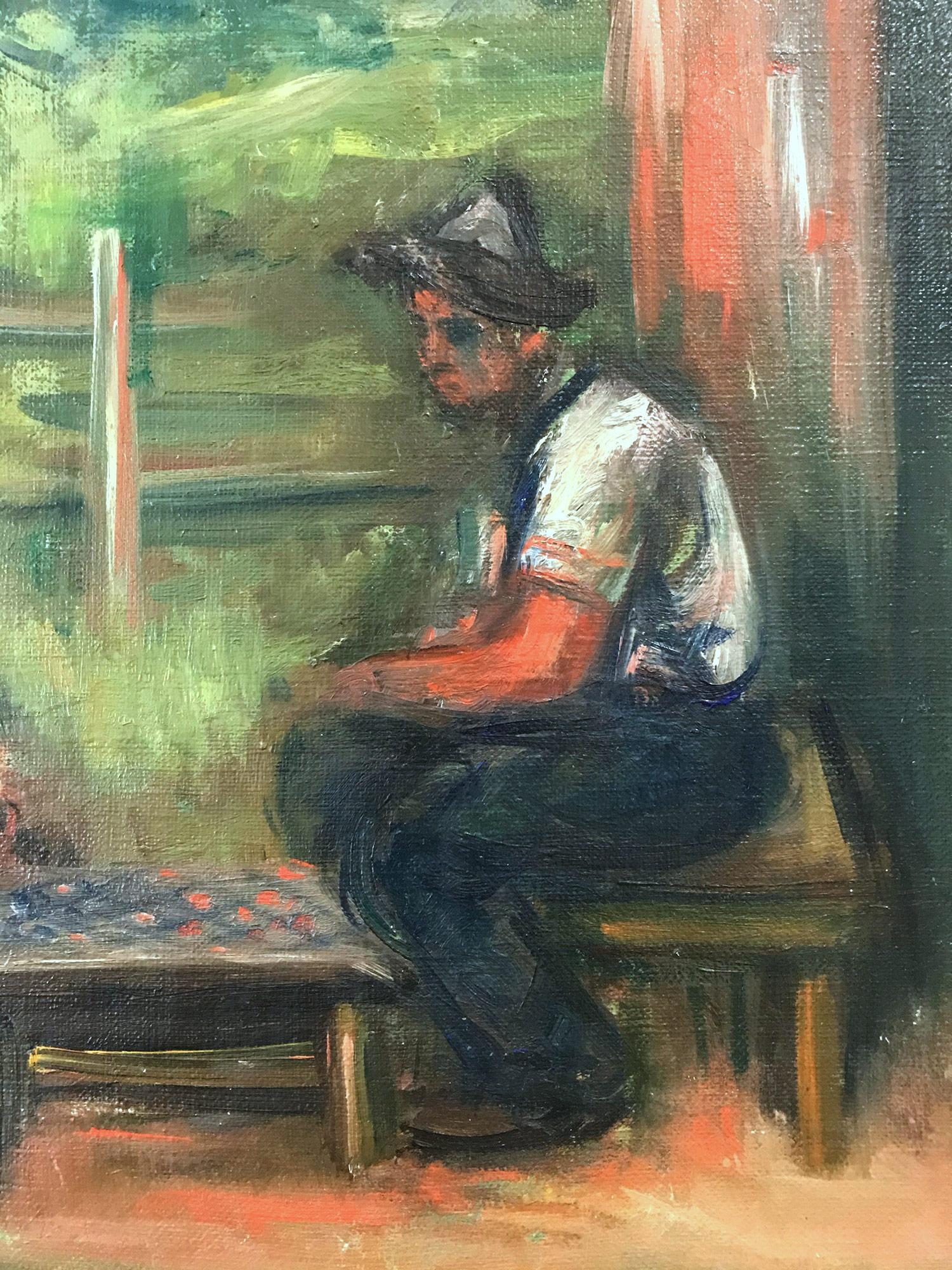 Peinture à l'huile sur panneau post-impressionniste d'un village mexicain « Playing Checkers » - Post-impressionnisme Painting par Jacques Zucker