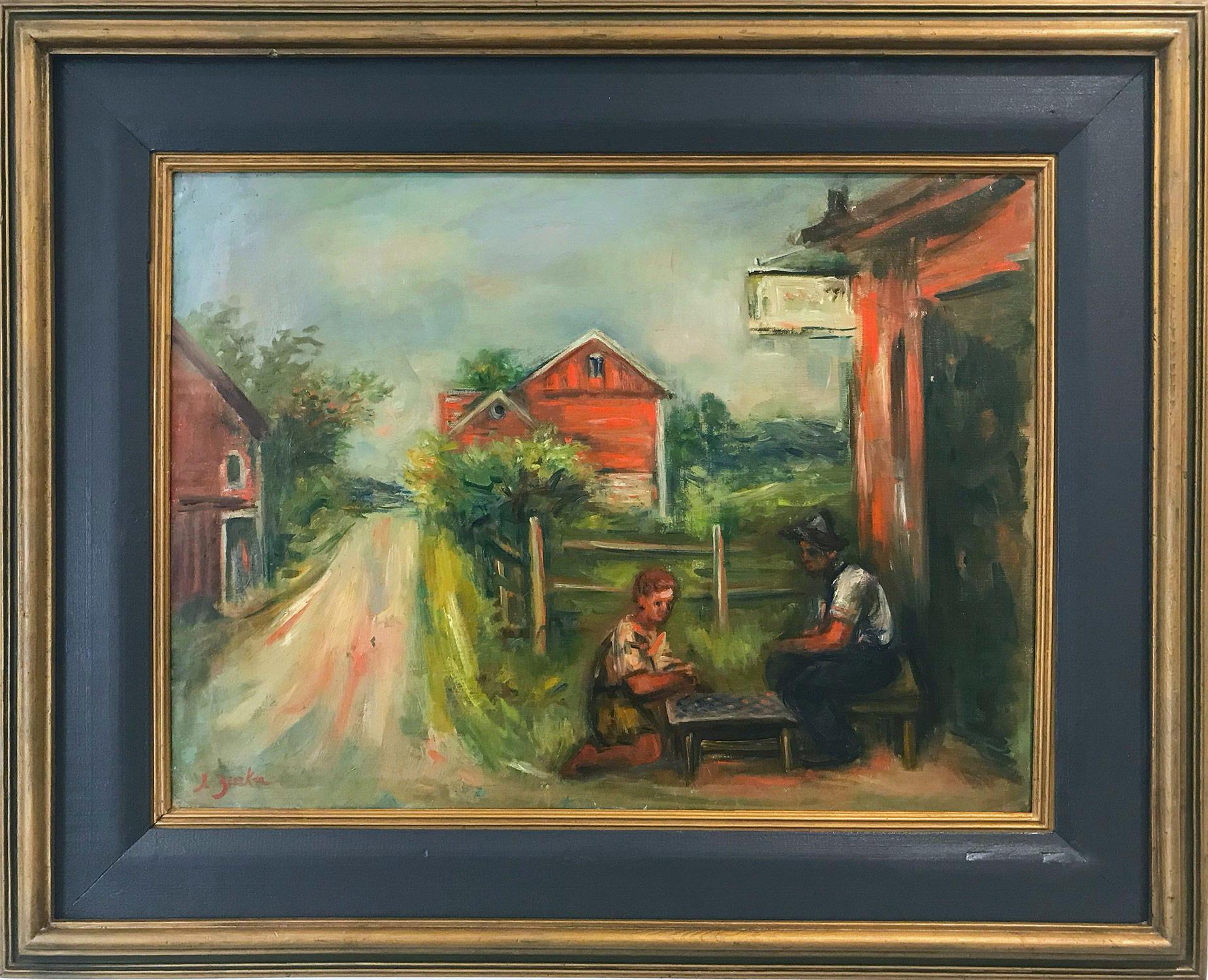 Jacques Zucker Landscape Painting - "Playing Checkers" Post-Impressionist of a Mexican Village Oil Painting on Board