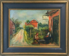 "Playing Checkers" Post-Impressionism French Oil Painting on Board of Figure