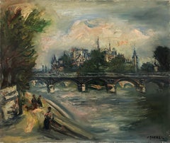 "Pont des Arts with Notre Dame" 20th Century French Oil Painting 