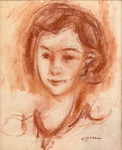 "Portrait d'une jeune fille" Peinture post-impressionniste à la craie sépia sur papier encadrée