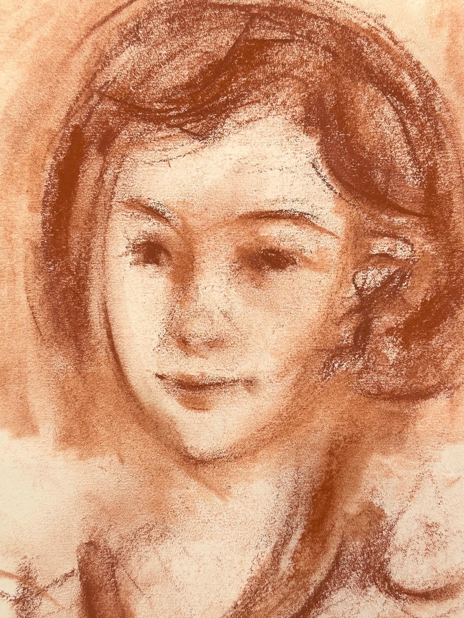 Este cuadro representa un caprichoso retrato de una Joven con bellas marcas expresivas. Se presta gran atención a los detalles, al tiempo que se siente una emoción. El color sepia utilizado y los trazos rápidos son lo que hace que este cuadro sea