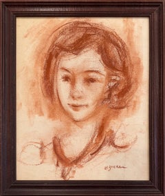 "Portrait of a Girl" Post-Impressionism Sepia Chalk Painting on Paper Framed