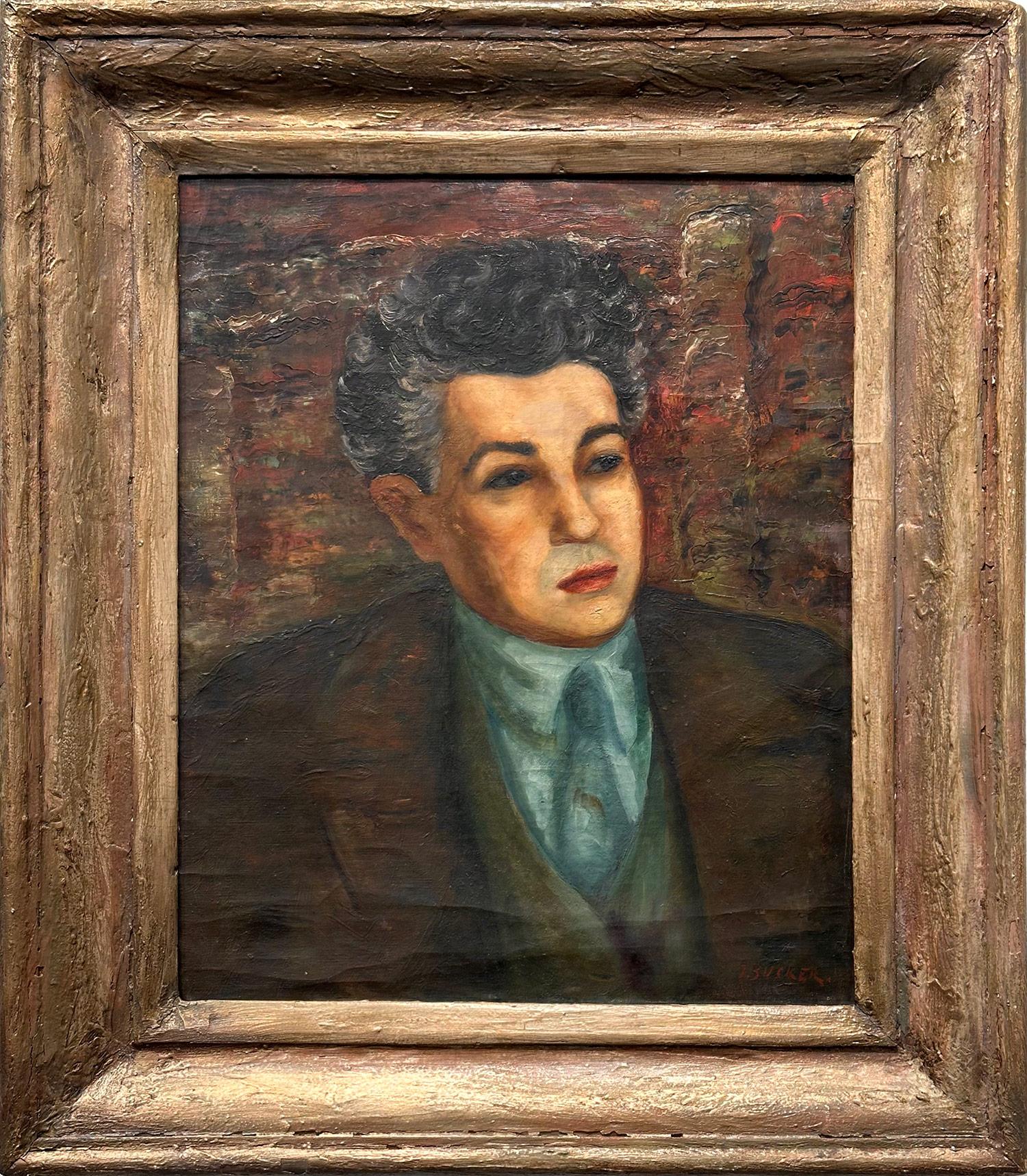Jacques Zucker Portrait Painting - "Portrait of a Man in Suite" Post-Impressionist Oil Painting on Canvas Framed