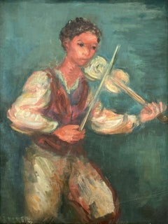 "Portrait of a Man Playing Violin" Post-Impressionist Oil Painting Framed